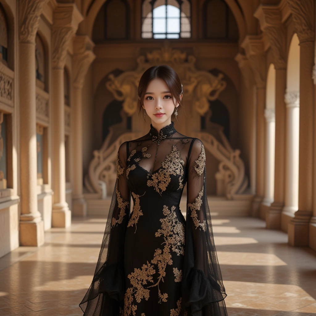 A stunning image of a grand palace interior with a large hall featuring rows of majestic columns and intricate staircases in the background. In the foreground, an East Asian woman stands facing the viewer directly, her face clearly visible with a warm smile. She is wearing an elegant black gown embroidered with gold patterns, exuding sophistication and grace. The scene is illuminated by soft, natural light streaming through high windows, highlighting the grandeur of the palace and the intricate details of her dress.