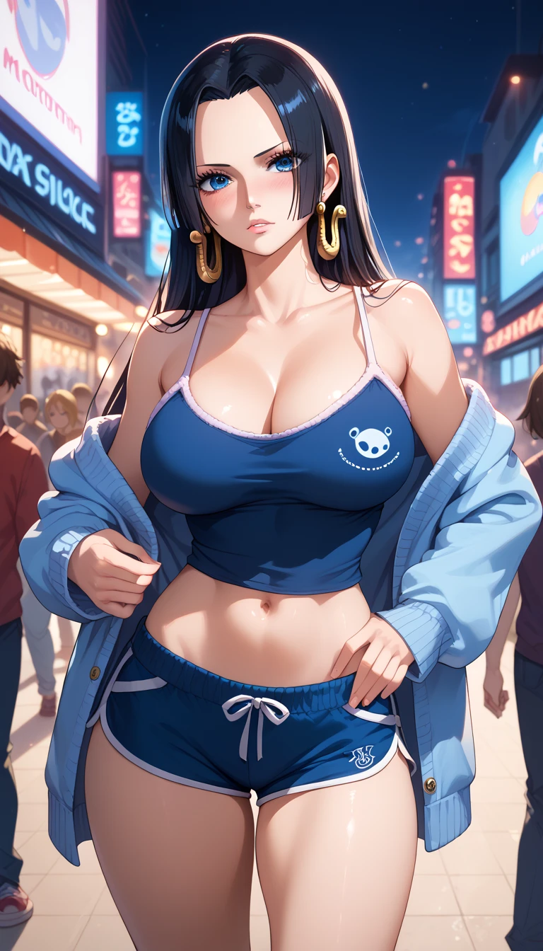 Close mouth,Milf, motherly, Fitgirl, Score_8_up, Score_7_up,  break, Best Quality, Beautiful Skin, Boa Hancock, Black Hair, blue eyes, Long Hair, forehead, Large Breasts, blue dark camisole, open cardigan, dolphin shorts, navel, midriff, looking at viewer, Standing in the middle of the crowd, city background in the middle of the night, blush, embrasing 