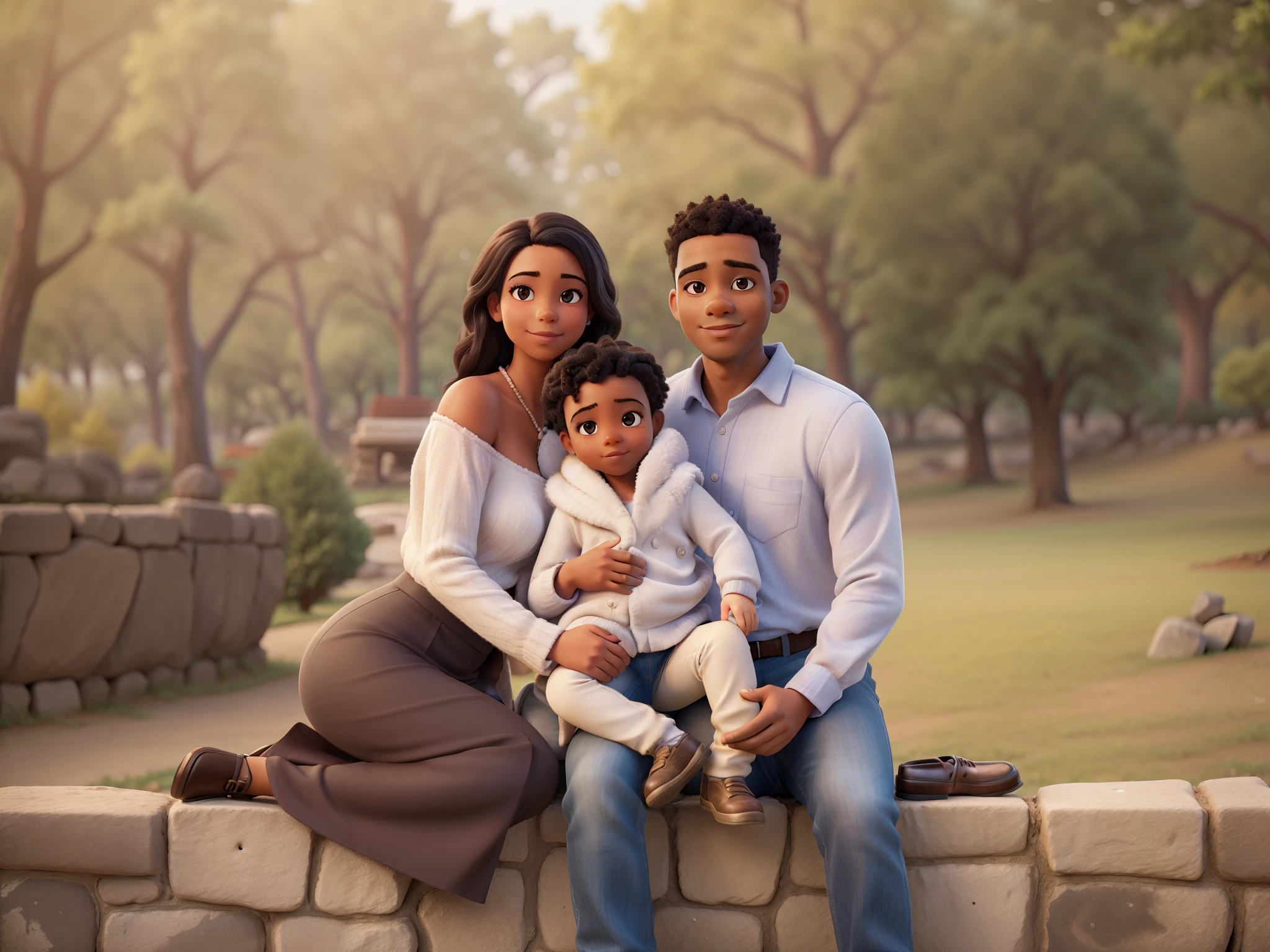 araffe family sitting on a stone wall in a park, (husband wife and son), (3 people, black people family), family photography, portrait of family of three, 60mm portrait, 7 0 mm portrait, high quality portrait, family portrait, high quality portrait photoshoot, family photo, perfectly centered portrait, head and shoulders photography, home photography portrait, photo of a beautiful, professional color photography