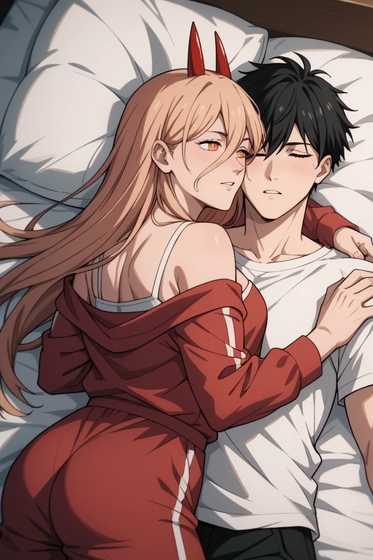  source_anime, BREAK, 1girl, p0w3r0x1, power, long hair, blonde hair, red horns,demon pupils, red pajama, cleavage, blushing, small breasts,     couple, lying together, 1girl, shorter  arms,smaller, petite,  holding him,perfect ass, 1male, close to her, 1girl, 1boy, couple (relationship),  sleeping together, bigger male, couple, hetero male, tall male,  light skinnend male blaick haired male, on bed, lying on bed, bedroom, cowboy shot, male with black hair, 