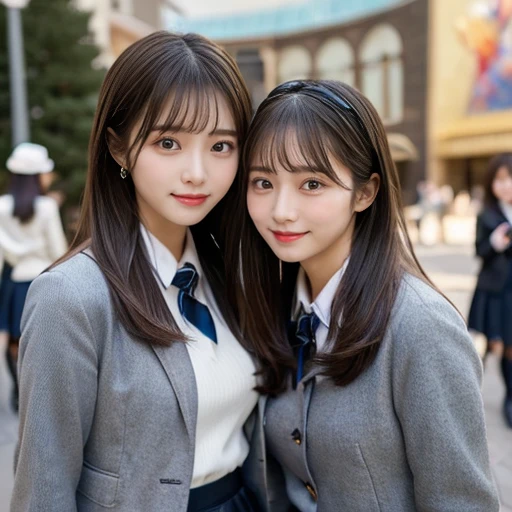 (In 8K、Raw photo、highest quality、masterpiece:1.2)、Ultra-detailed、Ultra-high resolution、(Realistic、real photography:1.47)、(Two women standing close together)Realistic女性、Details that could be mistaken for a human、Very realistic、Hyperrealism j、From above、Camera from the sky、From above見たカメラアングル、I look up and see this、Women holding hands、Hand in hand、High-quality images taken from an aerial camera、Luxurious linen on board、(Very beautiful lighting)Head to waist、White skin、color白の女性の校正、Ultra HD、Beautiful woman proofreading against the light、Incredibly detailed、Highly detailed beautiful girls、Faces with various patterns、Different face patterns、Each hairstyle has its own characteristics、color々Hairstyle、color々きれいな光に輝く髪color、光に輝く茶colorの髪、One of them has a ponytail、、Modern cute 、Highly detailed face、Highly detailed eyes、Very realistic skin、 Highly detailed fingers, Highly detailed nose, Highly detailed mouth, Perfect Anatomy, Very elaborate sailor suit、、The details of the hair and uniform are clearly expressed.、Show me your teeth、Realistic body, White skin, Glowing Skin, The body is slim, Straight long hair, (Blunt bangs:1.2), , nixeu and sakimichan, Tweiss, Seifuku, sakimichan, JK Uniform, Wearing a Japanese uniform, Promotional Steel, Larisa Manovar, Japanese , Japanese Girls , Alena Aenami and Lilia Alvarado