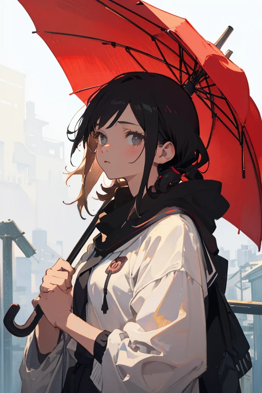 masterpiece,Squall, 1 tall male student coming home soaked,There's 1  next to me 、 she's holding a big black umbrella , I can't see her upper body with an umbrella , best quality,  high detail,  HD Model,  Minimalist ,  Ghibli style color,  Illustration , 