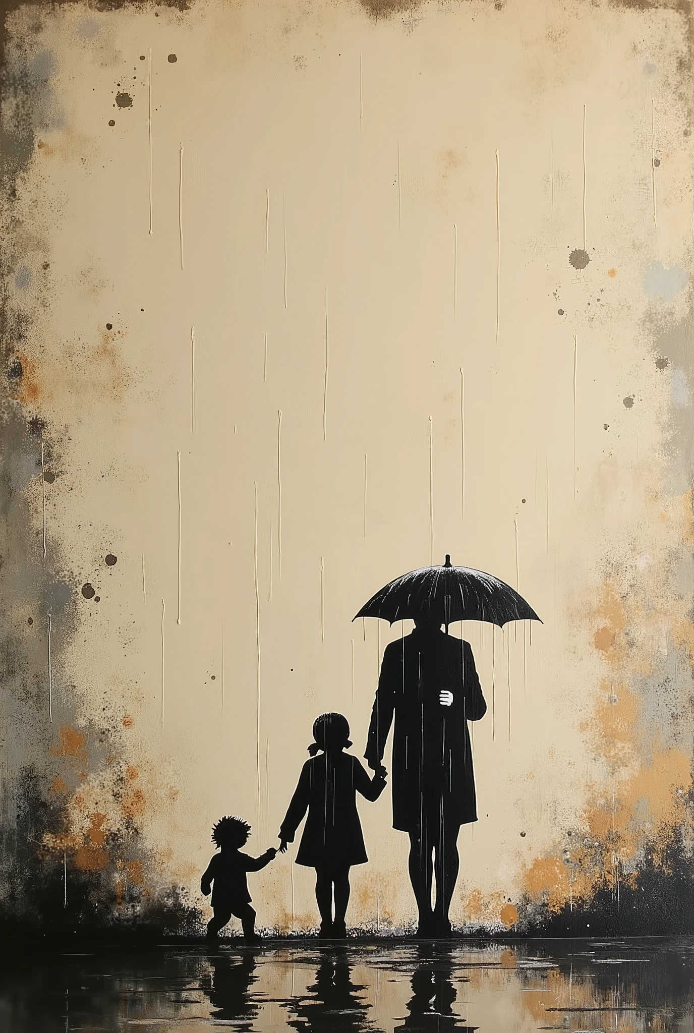 Painting of a family walking in the rain with an umbrella - SeaArt AI