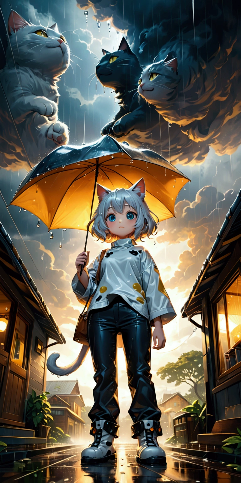 heavy rain, big raindrops, rainy sky. 1girl/((catgirl:1.2),furry,cat ear,cat eye,cute, kawaii,hair floating, hair shining brightly, curly hair, short hair, messy hair, eye color cosmic, big eyes, pale skin, (dynamic angle:1.4), standing, from below, long shot,short pants\). BREAK .background\(heavy rain, cloudy sky, beautiful waterdrops, long shot\),(from below:1.6),(ground level shot:1.5),(from directly below:1.6). BREAK .quality\(8k,wallpaper of extremely detailed CG unit, high resolution, top-quality, top-quality real texture skin, hyper realistic, increase the resolution, RAW photos, best quality, highly detailed, the wallpaper, golden ratio, high saturation realism, vibrant colors, dramatic lighting, persuasive storytelling, atmospheric scenery, captivating visuals, intricate details, strong emotions, dreamlike world\),realistic rain, high speed shutter