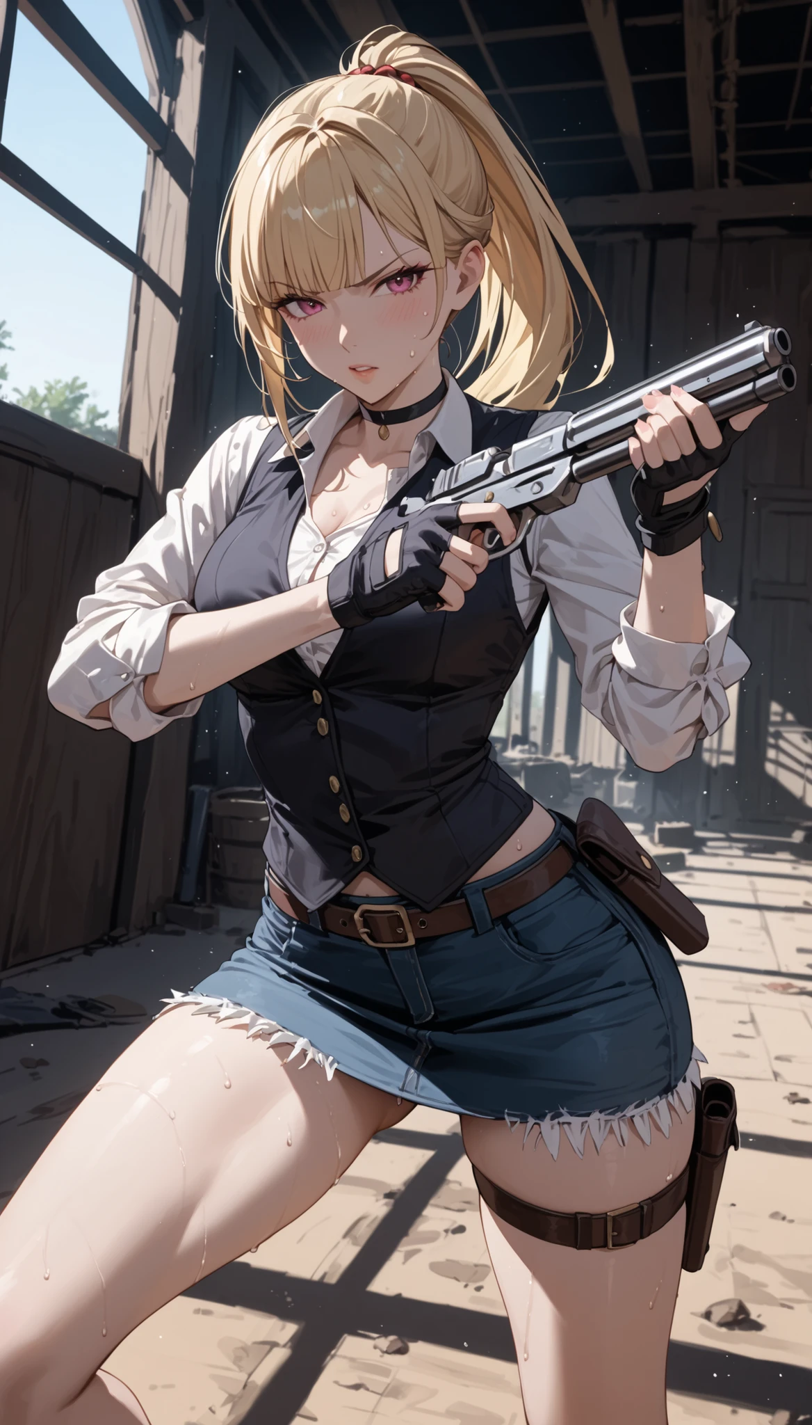 cowboy shot,1girl solo,action , Western girl, denim mini skirt, Long-sleeved blouse with rolled sleeves, woman holding a gun.,slim Female , beautiful thighs．{t,Slim body,Slim　thighs ,blunt bangs, black choker. Dynamic composition,dutch angle,{{fight}},{{masterpiece}}, {{{Highest quality}}},{{Very detailed}},holster　, Blouse , Western Style Vest,Fight,,{{v-shaped eyebrows}},Bad mood,blush,Sweat,raise one's eyebrows　,blonde hair, Long hair,Blunt bangs,Fringe Skirt　,,hand　,Black fingerless gloves,　,,ponytail,Training area,Indoor