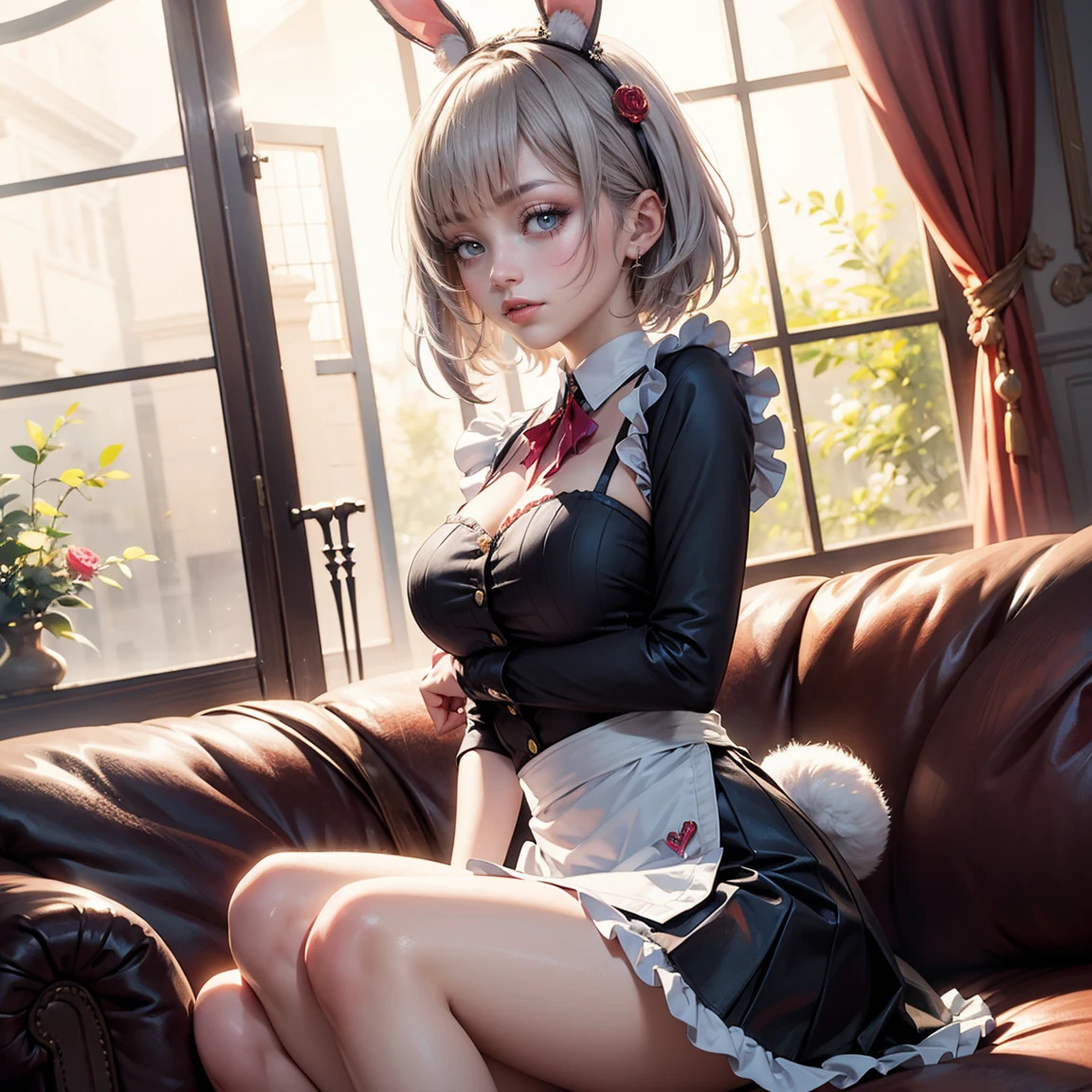 1girl, dress, jewelry, glow hair, flowing hair, ahoge, armpits, rabbit tail, maid Bunny girl, Cute face, Very fine clean face, solo, Top quality, Big eyes, silver Hair, short hair, Crimson Eye, Subtle light, Natural light, Soft lighting, Light from directly behind, Cute pose, sitting on the sofa, Showing the whole body, Front view, maid bunny girl, bunny girl costume, maid costume, Beautiful Eyes, Plump and glossy lips, maid bunny girl costume with too many frills, black dress, maid, maid apron, maid headdress, white laces, white Short skirt, Drape clothes, pink gem, frills, luxury details, gold jewelry, more details, best quality, Big sparkling eyes, blushing, sparkle, solo, centered girl, cowboy shot