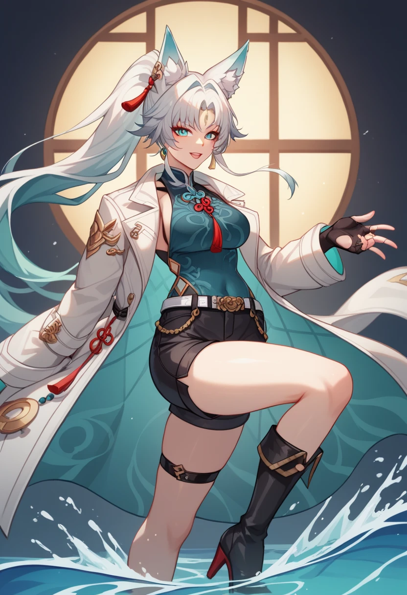 Feixiao is a tall foxian woman with fair skin and white teal-tipped hair tied in a high ponytail. Her eyes are teal with a white ring around her pupils, and prominent red eyeliner painted at the lower corners of her eyes. She has two teal orbs with a golden tassel hanging on the right side of her face, right beneath her hair, and a golden small ornament on her forehead. As a foxian, Feixiao has two large fox ears and she wears two golden earrings on her left ear. Similar to Yuan, Feixiao does not have a natural tail of her own. Feixiao also has a tattoo-like scar on her back, which is reminiscent of the symbol of The Hunt.

Feixiao's outfit consists of a white trench coat, dark teal sleeveless turtleneck, and black shorts with a dark teal half-skirt. She wears calf-high dark heeled boots, a dark thigh garter on her left thigh, and a belt wrapped around her left leg right above the knee. The trench coat has black-and-white waves at the bottom, with its tips bending to dark gray. The lower half of the coat is cyan fading to dark teal and has a golden scale pattern on the inside. Her turtleneck has two open diamond-shaped windows at each side, each window lined in gold, the top smaller windows being at her ribcage and the bottom ones being above her hips. At the collar of her turtleneck is a circular-shaped blue ornament with a small red tassel tied into a bow. The half-skirt is decorated with light, dark, and normal teal-colored waves as well as golden lining.