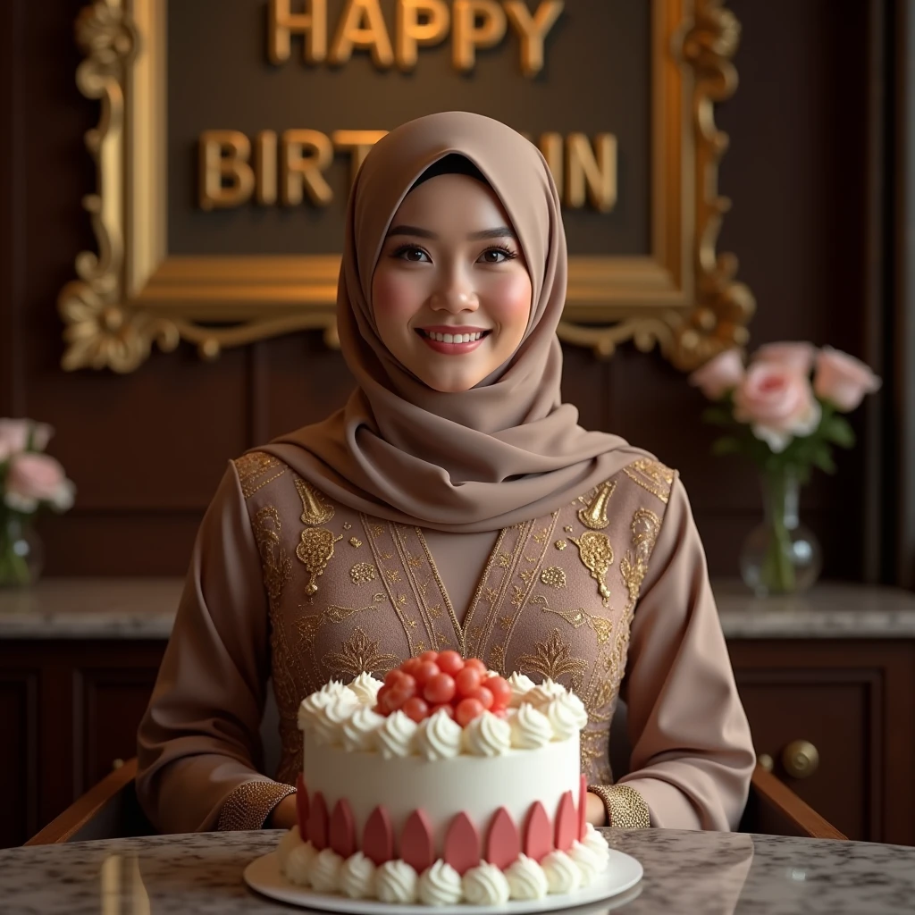 beautiful girl from Indonesia aged 20 years. wearing a hijab. yellow clothes. white floral skirt. was at a fancy restaurant holding a birthday cake. Realistic 3D aesthetic photos, original and real images