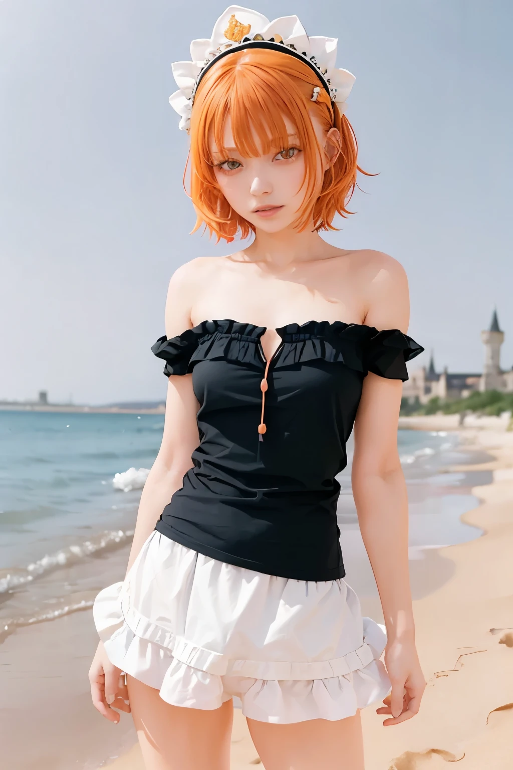 masterpiece,  best quality, Alone,  1 girl ,  orange hair,  blue hair, :d,  orange dress ,  look at the viewer, Outdoor, sand, sand dunes, Huge castle,  crowns,  standing, whole body,  cowboy shooting alone,  puts his hand on his lower back, 