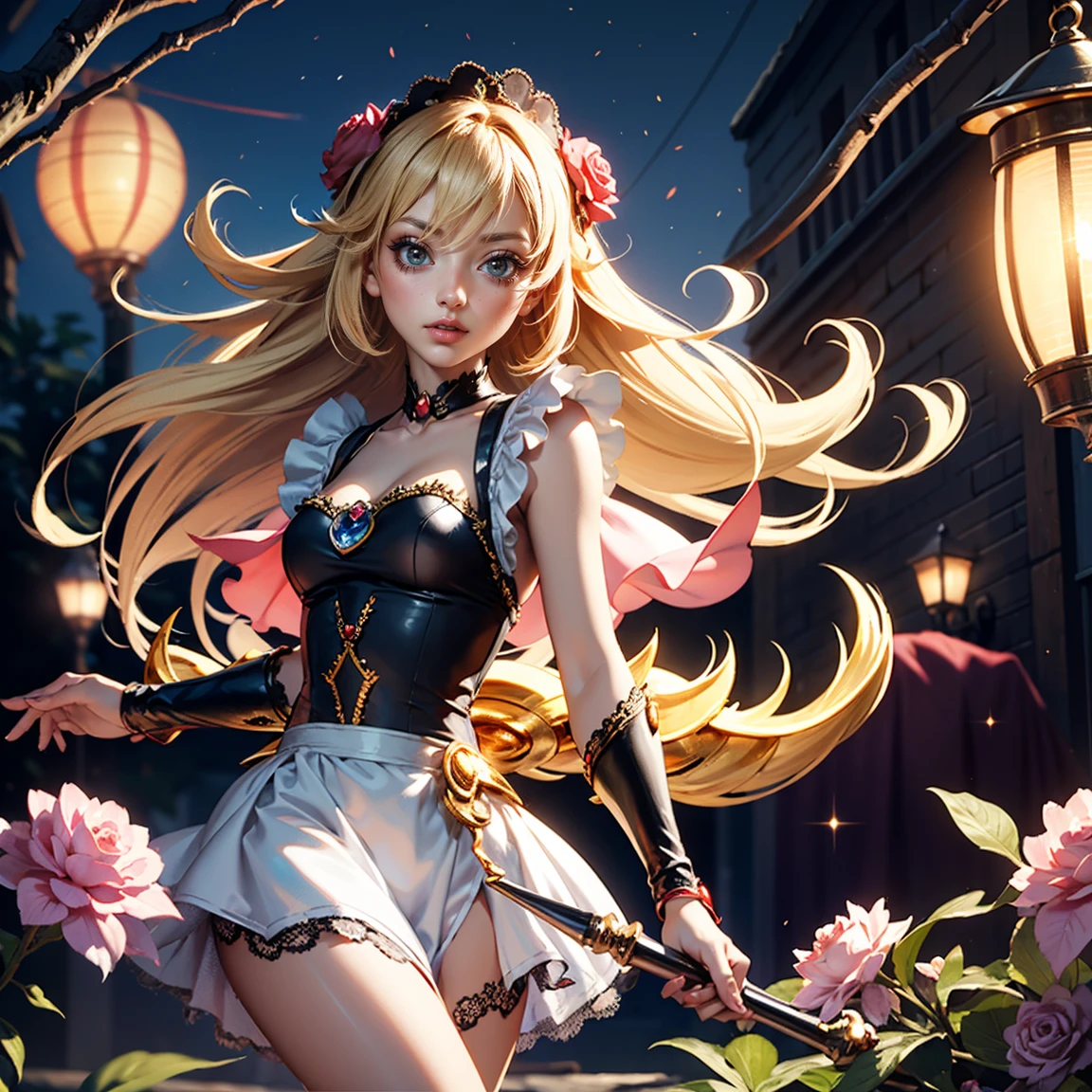 1 girl,long blonde hair, There are a few strands of hair on the face, Big dark blue eyes, mascara, Off the shoulders, bust，Open your mouth and smile，profile，Fairy，Holding a white rabbit，Peach Blossom Forest，pink, 8k, masterpiece,