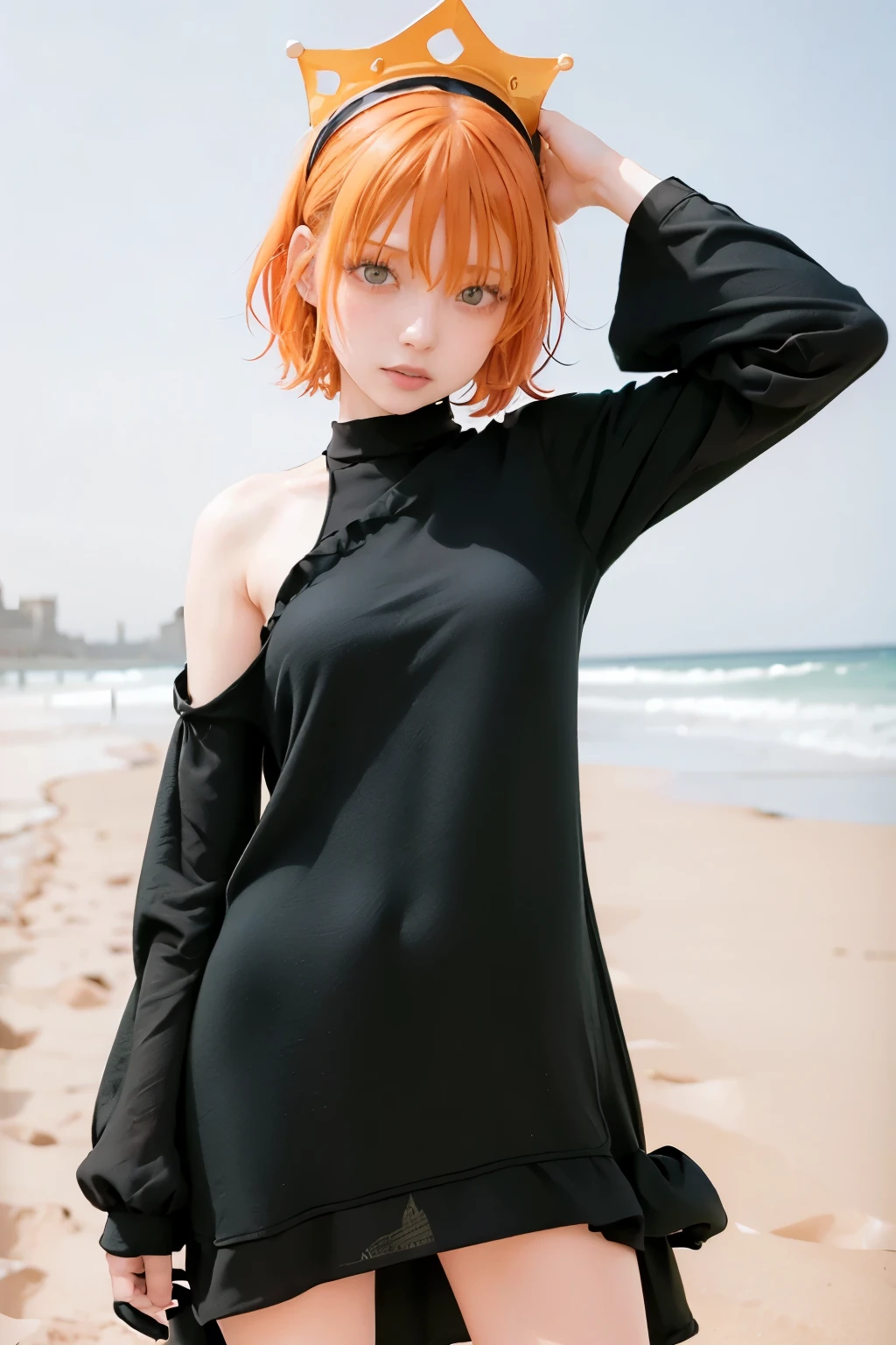 masterpiece,  best quality, Alone,  1 girl ,  orange hair,  blue hair, :d,  orange dress ,  look at the viewer, Outdoor, sand, sand dunes, Huge castle,  crowns,  standing, whole body,  cowboy shooting alone,  puts his hand on his lower back, 