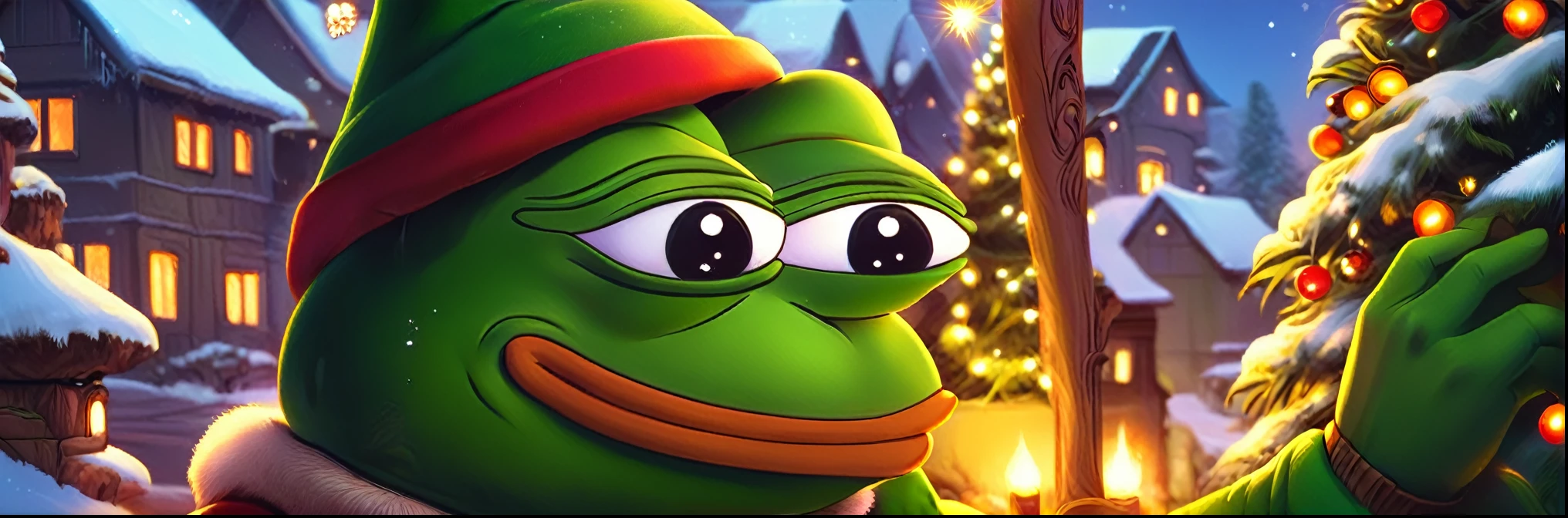 close up baby pepe the frog, baby pepe the frog dressed as an green christmas elf, green christmas elf hat, elf outfit, elf, cartoon style, whimsical, vibrant colors, cute, humorous, peaceful, christmas, snowy, detailed textures, cinematic lighting, digital painting, no additional characters, cartoon, funny meme, in front of a christmas tree, close up of face, close up, logo, crypto logo, all green