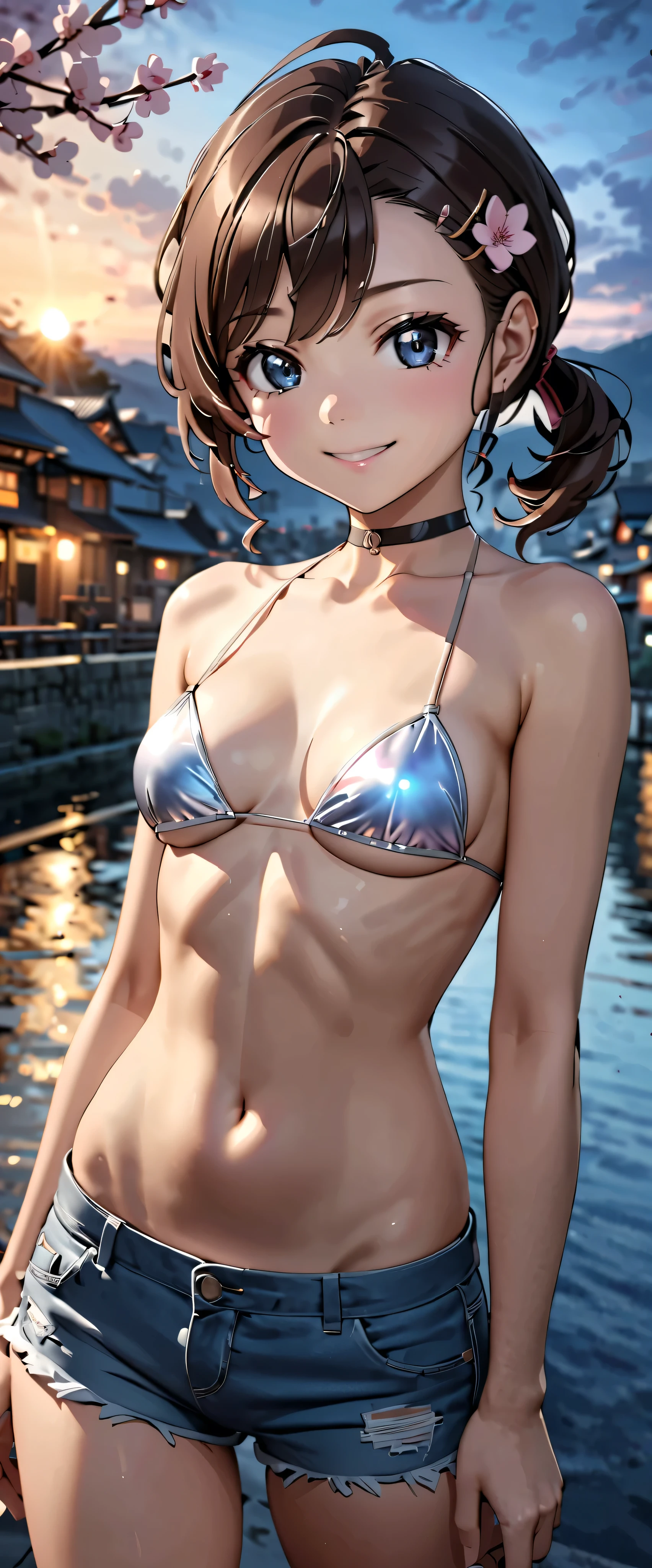  best quality,  ultra high resolution, (Realistic:1.4), One person,   smaller breasts,  black choker , smile, Exposing shoulders, Focus Only,  Watch Viewers,Fair skin,sunset,cherry blossoms, photon mapping ,  Physically Based Rendering ,  RAW Photos,  highly detailed background , K-pop idol, depth of field,Town,cherry blossoms, hair ornament, detailed face , pubic skin,Game CG,whole body, Micro Shorts,Shiny micro bikini top,Beautiful ponytail