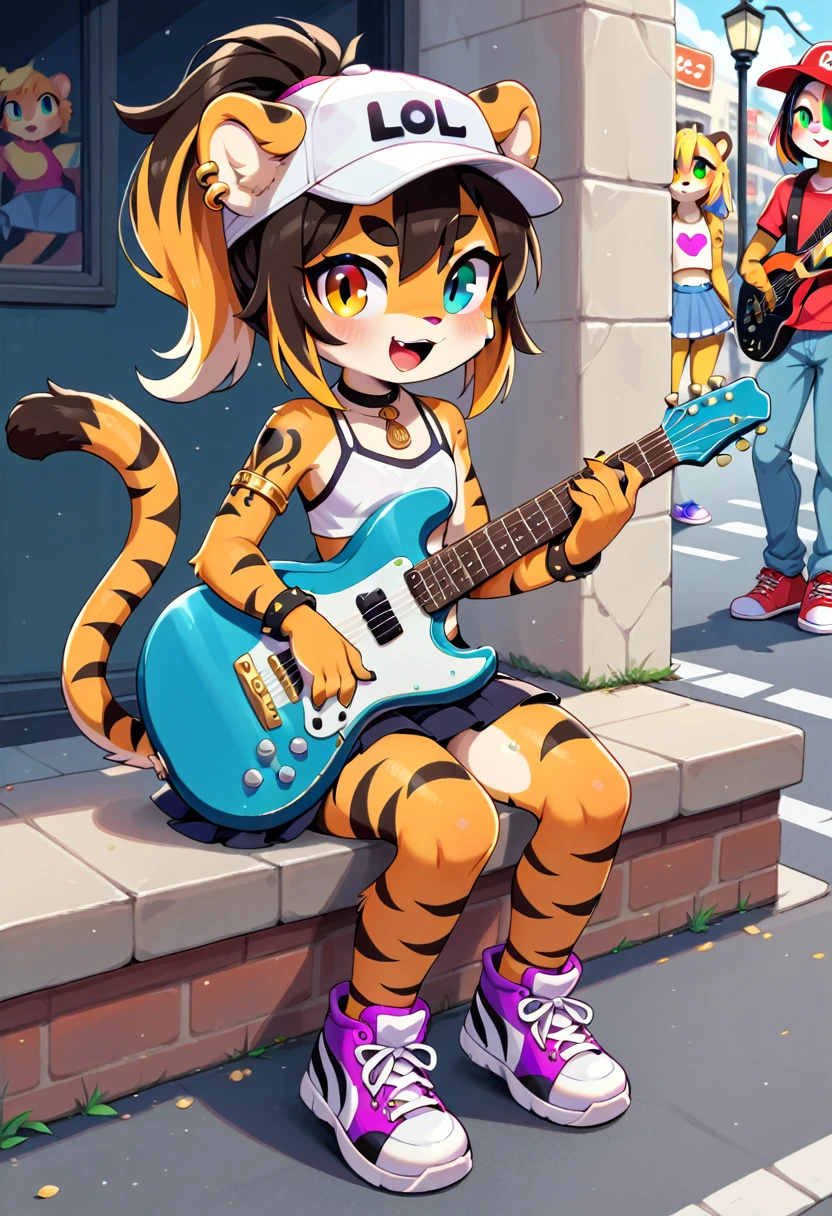 (tiger girl, anthro, textured fur, fur tufts, furry, loli body, loli height, flat chest, loli face, heterochromia, multicolored hair, ponytail, piercing, makeup, tattoo, cap, top skirt, sneakers, gold jewelry), ((sitting on the sidewalk, playing the guitar and singing a song, street, public))