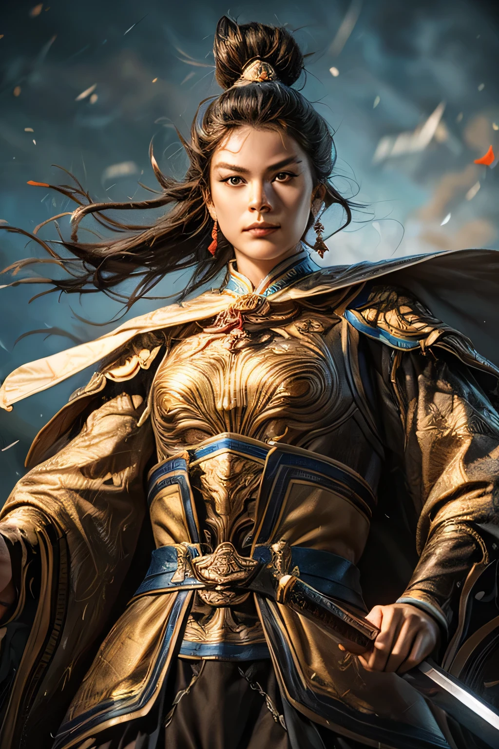 18 years old chinese female swordman wearing chinese armor, full body, close up, ultimate detail, 8k, UHD
