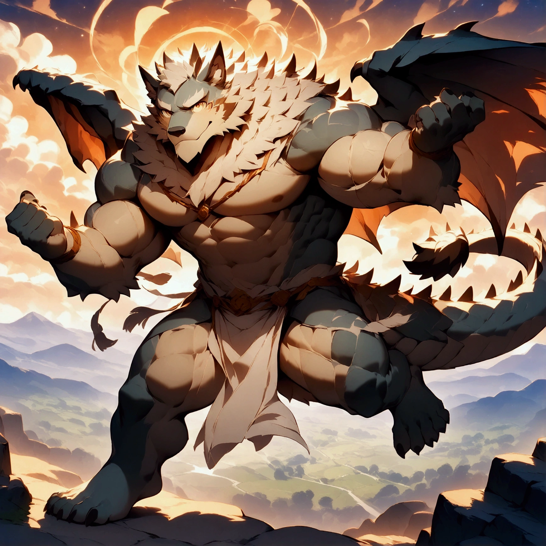 character focus, full body, looking away, dynamic angle, SFW, dragon, a muscular middle-aged dragon man, dragon wings, happy, light smile, costume clothes, armor, shirt, loincloth, rushing wind, hold with both hands quantum electromagnetic life form sacred sphere, flying, spinning fly, dynamic pose, BREAK complete anatomy, perfect proportions, beautiful thigh gap, fluffy body, intricate fur details, beautiful fur texture, BREAK a detailed dragon one tail, detailed toe, 5toes, 5toes nails, beautiful foot, detailed hands, 5fingers, 5fingers nails, BREAK cute face, aesthetic anime face, insanity detailed face, male face, big face, square jawline, aesthetic anime eyes, detailed brown eyes, detailed brown cornea, detailed dark brown irises, detailed pupils, male eyes, big eyes, male eyebrows, innocent look, beautiful beard, BREAK full body in Michelangelo Buonarroti style, digital illustration anime, housamo style, detailed painting landscape, twilight, kaleidoscopic swirls, france, outdoor, full body, HDR, BREAK masterpiece, official art, best quality, very aesthetic, absurdres, super fine illustration, great quality, BREAK noise reduction, very highres, large filesize, high quality, 32K, 8k wallpaper, dynamic lighting, BREAK insanity detailed, ultra detailed, intricate details, extremely detailed, detailed texture, an extremely delicate and beautiful, BREAK osukemo, e621 illustration, kemohomo, anthropomorphic, furry, cartoon, harmonious body, pastoral face, virtuous eyes, epic atmosphere