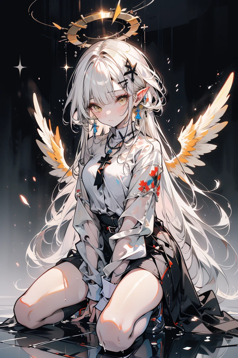 Full body photo,Barefoot,Tights girl, kawaii, silber hair, the angel's wings, Angelic, angel ring, locks, Blindfold your eyes with a black cloth, White flowers, The white, pure white, silvery white