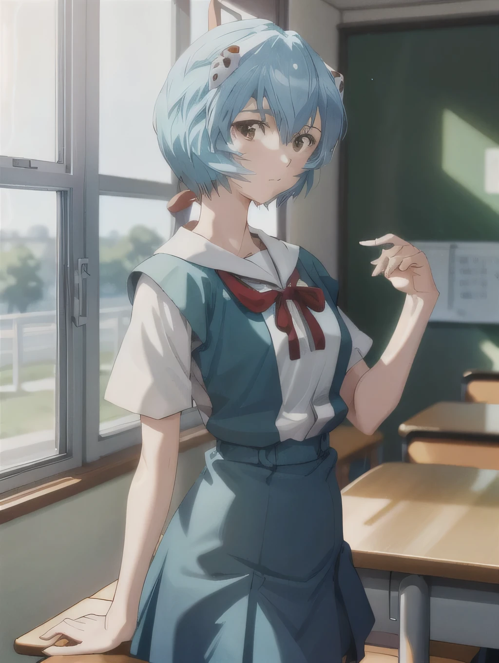  1 girl, ayanami,  Rei Ayanami,evangelion , school uniform, classroom,   No Emotion , looking out the window , More Details ,
 BREAK masterpiece ,8k unity wallpaper,anime key visual,highest quality, High resolution,  (shape:0.8),anime coloring,highly detailed face, detailed eyes,growing eyes,shiny skin,fine skin,white skin,dense skin,detailed hair,highly detailed legs,perfect lighting, Detailed CG, (perfect hands, perfect anatomy),High resolution,(Detailed wear ),slender limbs, delicate curves, dainty hands,