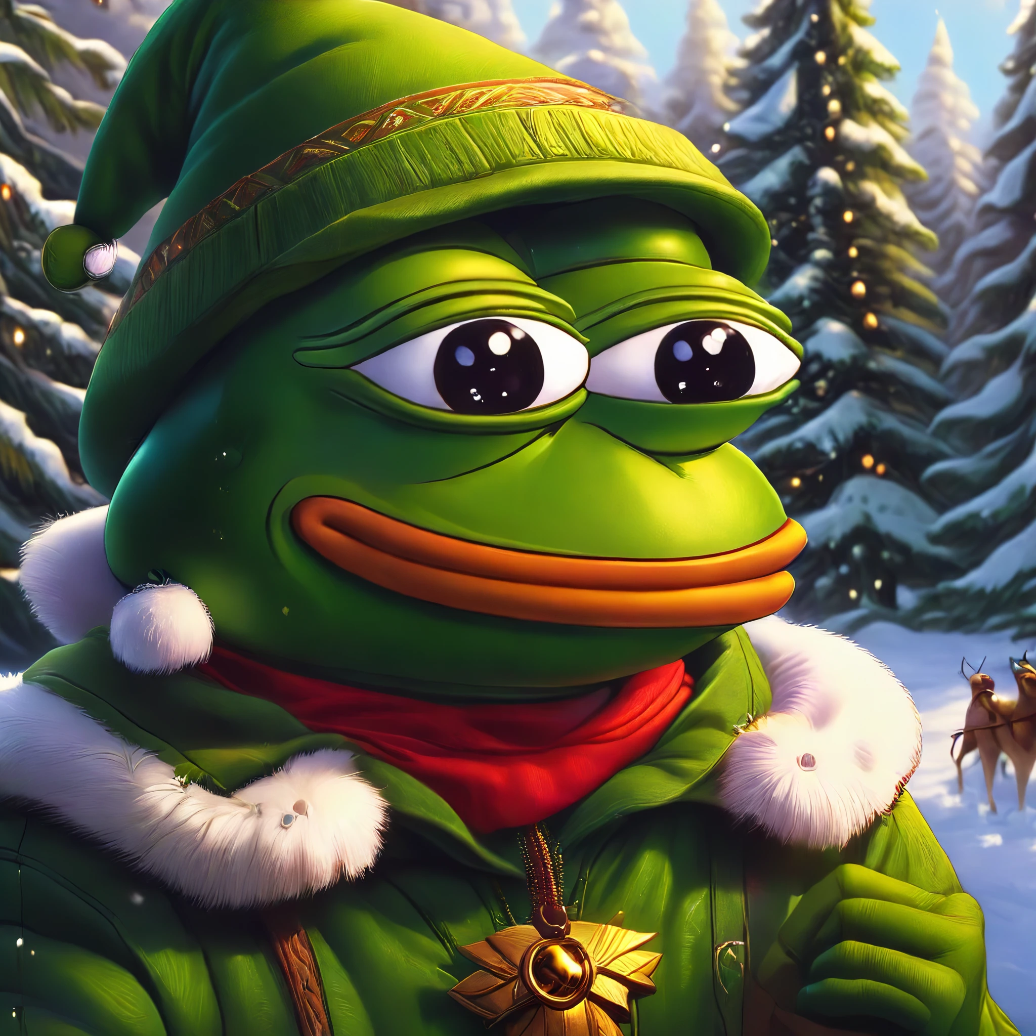 close up baby pepe the frog, **** pepe the frog dressed as an green christmas elf, green christmas elf hat, elf outfit, elf, cartoon style, whimsical, vibrant colors, cute, humorous, peaceful, christmas, snowy, detailed textures, cinematic lighting, digital painting, no additional characters, cartoon, funny meme, in front of a christmas tree, close up of face, close up, logo, crypto logo, all green