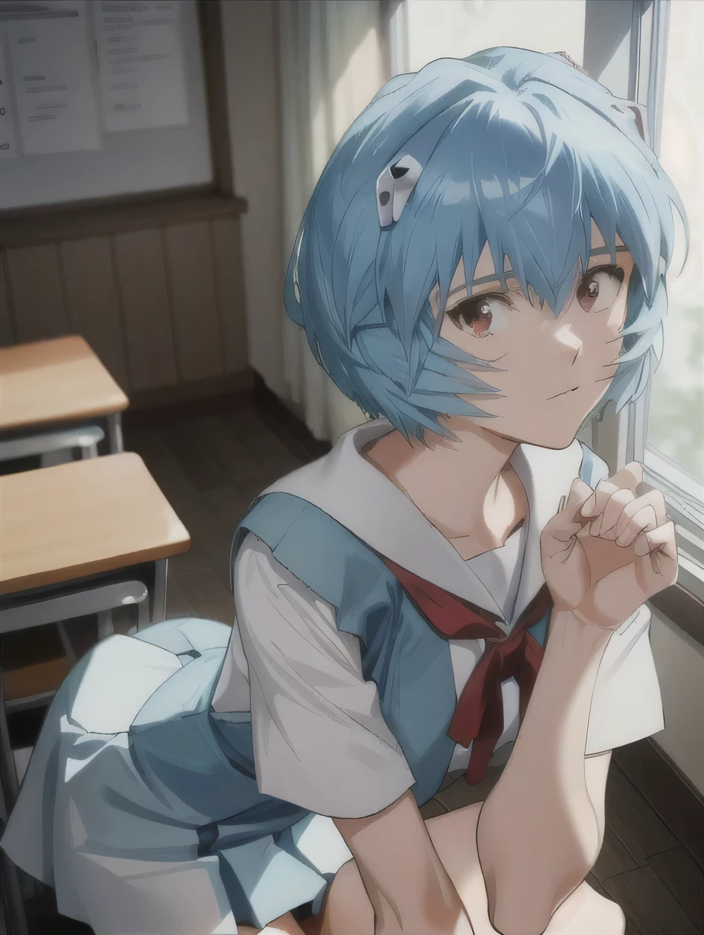  1 girl, ayanami,  Rei Ayanami,evangelion , school uniform, classroom,   No Emotion , looking out the window , More Details ,
 BREAK masterpiece ,8k unity wallpaper,anime key visual,highest quality, High resolution,  (shape:0.8),anime coloring,highly detailed face, detailed eyes,growing eyes,shiny skin,fine skin,white skin,dense skin,detailed hair,highly detailed legs,perfect lighting, Detailed CG, (perfect hands, perfect anatomy),High resolution,(Detailed wear ),slender limbs, delicate curves, dainty hands,