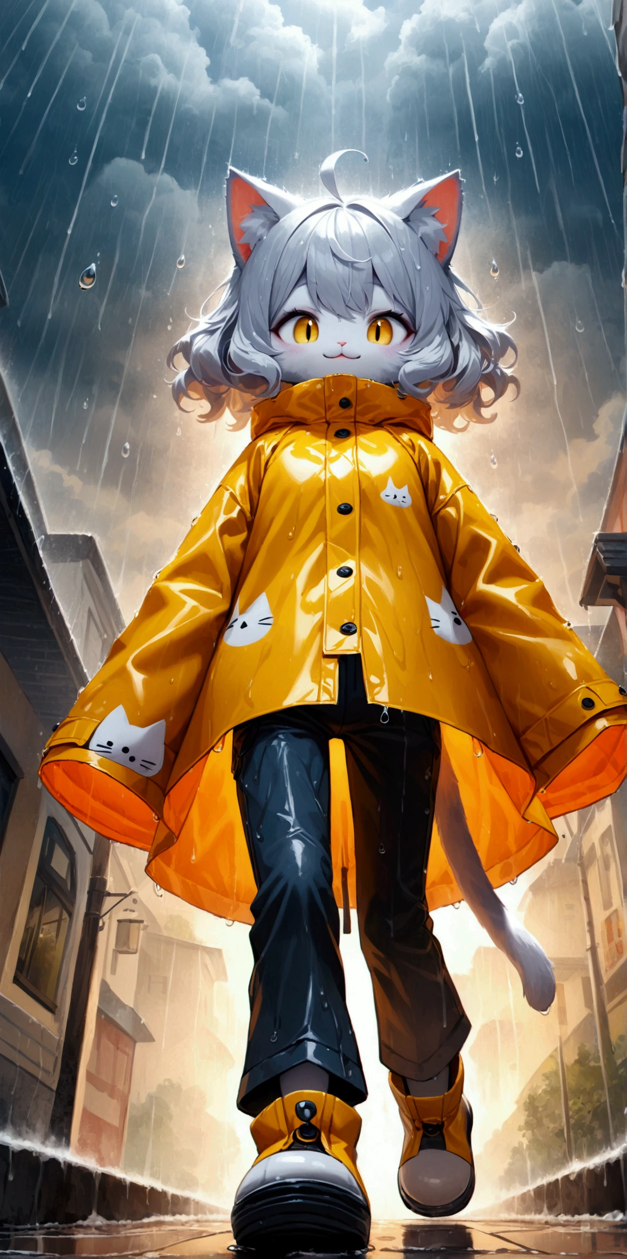 heavy rain, big raindrops, rainy sky. 1girl/((catgirl:1.2),furry,cat ear,cat eye,cute, kawaii,hair floating, hair shining brightly, curly hair, short hair, messy hair, eye color cosmic, big eyes, pale skin, (dynamic angle:1.4), standing, from below, long shot,short pants,Walking happily, big steps,dynamic action.big smile,wet hair,wet, raincoat\). BREAK .background\(heavy rain, cloudy sky, beautiful waterdrops, long shot\),(from below:1.6),(ground level shot:1.5),(from directly below:1.6). BREAK .quality\(8k,wallpaper of extremely detailed CG unit, high resolution, top-quality, top-quality real texture skin, hyper realistic, increase the resolution, RAW photos, best quality, highly detailed, the wallpaper, golden ratio, high saturation realism, vibrant colors, dramatic lighting, persuasive storytelling, atmospheric scenery, captivating visuals, intricate details, strong emotions, dreamlike world\),realistic rain, high speed shutter, fisheye lens,