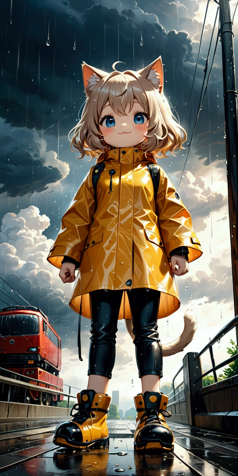 heavy rain, big raindrops, rainy sky. 1girl/((catgirl:1.2),furry,chibi,cat ear,cat eye,cute, kawaii,hair floating, hair shining brightly, curly hair, short hair, messy hair, eye color cosmic, big eyes, pale skin, (dynamic angle:1.4), standing, from below, long shot,short pants,(Walking dynamically :1.3), (big steps:1.3),dynamic action,(big smile:1.3),wet hair, wet, modern raincoat\). BREAK .background\(heavy rain, cloudy sky, beautiful waterdrops, long shot\),(from below:1.7),(ground level shot:1.7),(from directly below:1.7). BREAK .quality\(8k,wallpaper of extremely detailed CG unit, high resolution, top-quality, top-quality real texture skin, hyper realistic, increase the resolution, RAW photos, best quality, highly detailed, the wallpaper, golden ratio, high saturation realism, vibrant colors, dramatic lighting, persuasive storytelling, atmospheric scenery, captivating visuals, intricate details, strong emotions, dreamlike world\),realistic rain, high speed shutter