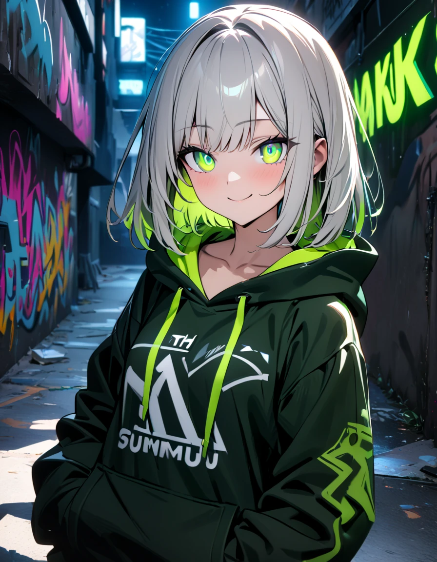 masterpiece,  best quality, 8k, detailed background, masterpiece,  best quality, smile,  small hips ,  hoodies , Portraiture,  neon green, graffiti, dark, night, Shining Eyes,  black light,Konpaku Youmu