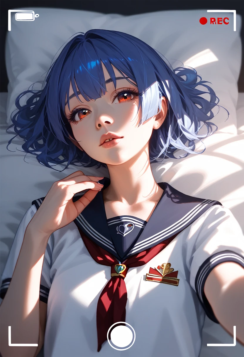 beautiful detailed eyes, beautiful detailed lips, extremely detailed eyes and face, long eyelashes, 1girl, lying on bed, camera view, marine houshou, blue hair, sailor uniform, detailed facial features, intricate details, warm lighting, cinematic lighting, highly detailed, masterpiece, photorealistic, realistic lighting, vibrant colors, high quality