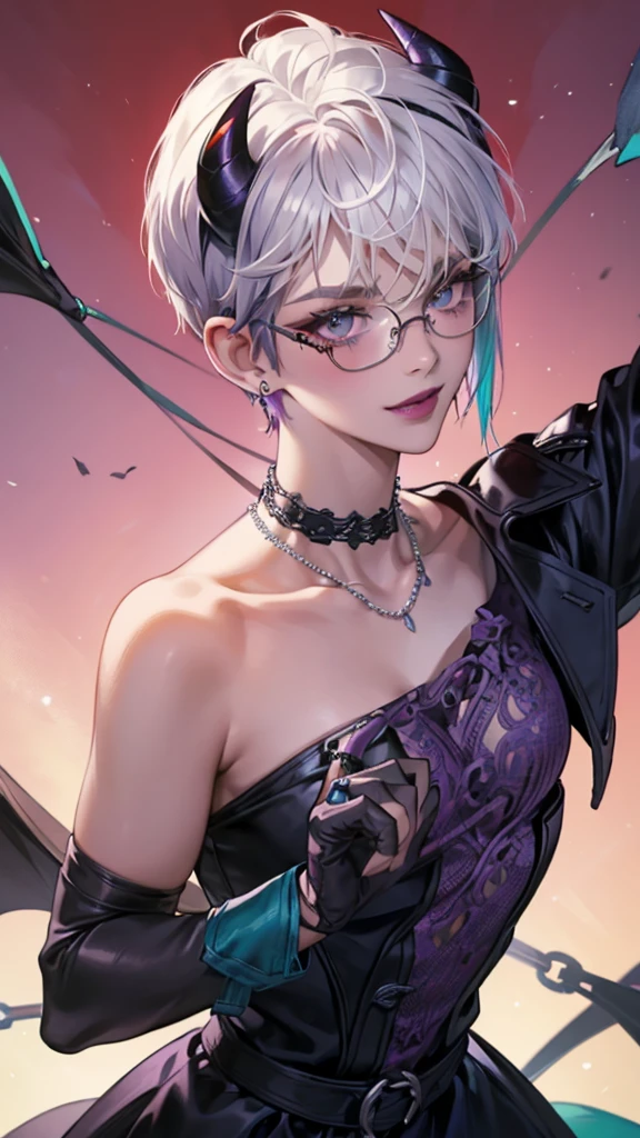 8k, masterpiece, best quality, highly detailed, 1 girl, tiefling, warlock, pixie cut, multicolored hair, very short straight hair red highlight hair on white hair, strippled hair, wearing glasses, round glasses, earrings, navel piercing, red eyeshadow, long eyelashes, blushed cheek, red lips, pearl necklace, rings, collarbone, mole on face, glamorous, teal and purple clothes, sleeveless, miniskirt, smirk, close up view, rings, looking at viewer, demon horns, solo, starry sky, pale blue moon, standing, boxing stance, demonic arms, chains on the background, black lace gloves, hand touching glasses.