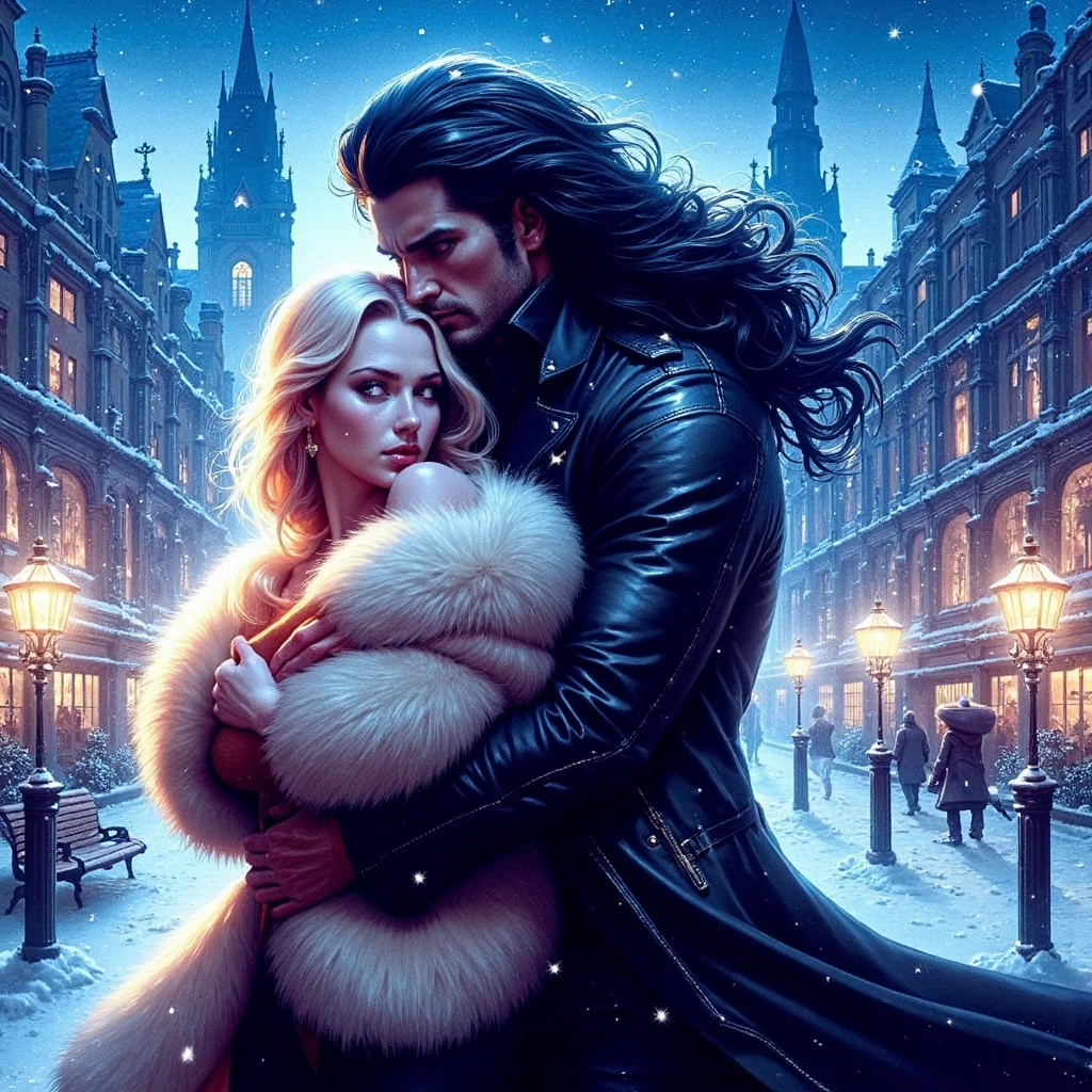 A magical darkfantasy style world, a book cover night scene hyperrealistic 3d digital illustration, a very handsome longblackhair brutal-man, in leather coat passionate hugs his beautiful blonde lady in furcoat, in the background are a winter snowy street of modern england city, love, tenderness, care, vibrant bright light triadic colorscheme, magic, shine, high waist., maximum texture, ultra-high detail, perfect natural proportions, contrasting vibrant triadic bright colors, dynamic pose, high quality, clear focus, highly detailed facial features, overhead light, blue eyes, clear eyes with detail, volumetric lighting, hyperrealistic, high contrast, depth of field, unreal, 32k,