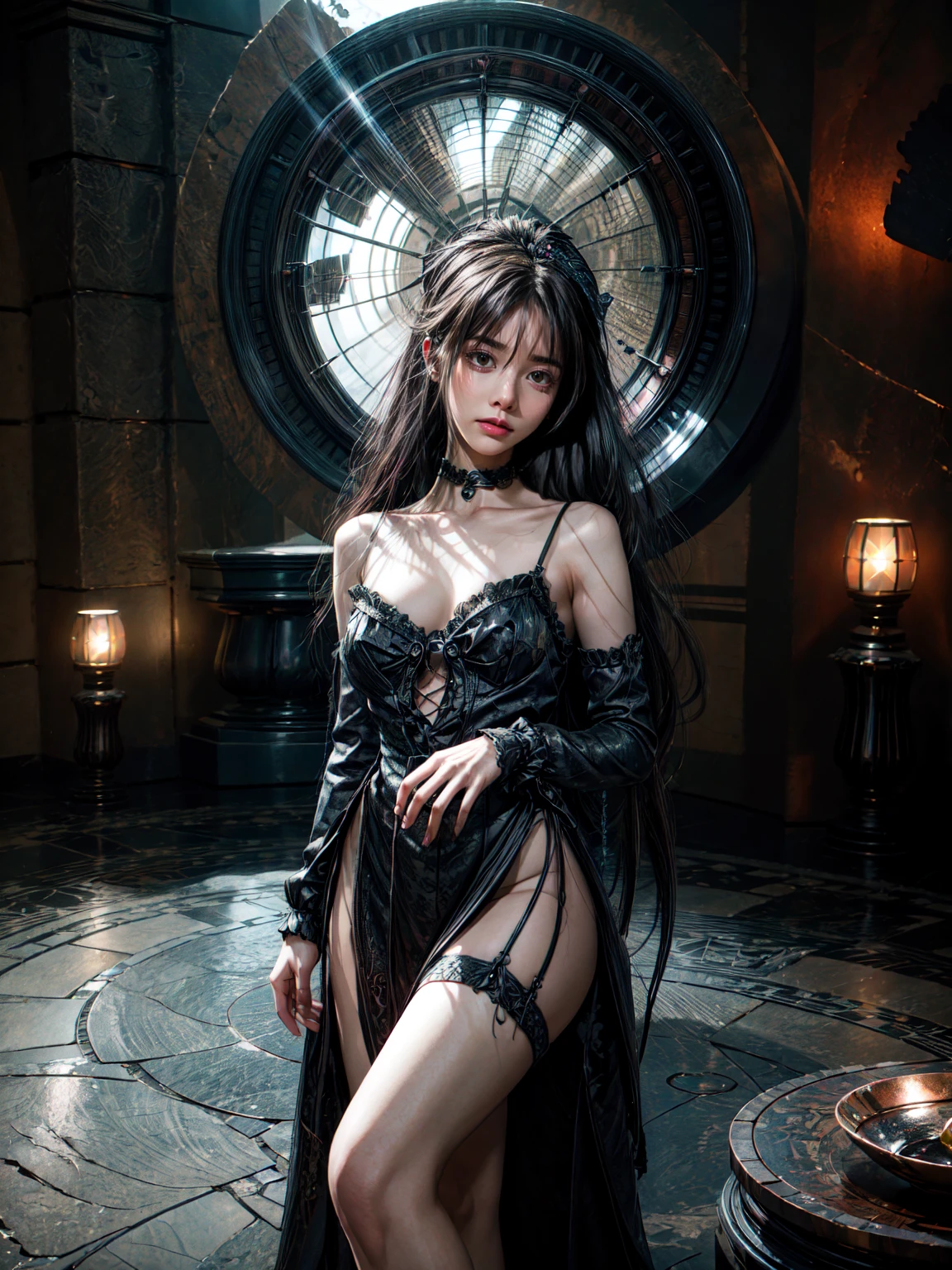 A woman with a dagger in her hand. She wears ornate, dark armor adorned with fur-lined shoulders, very small crown. Her expression is commanding, yellow eyes, flowing black hair, gotic castle background, medium and squishy breast, thin waist, blush