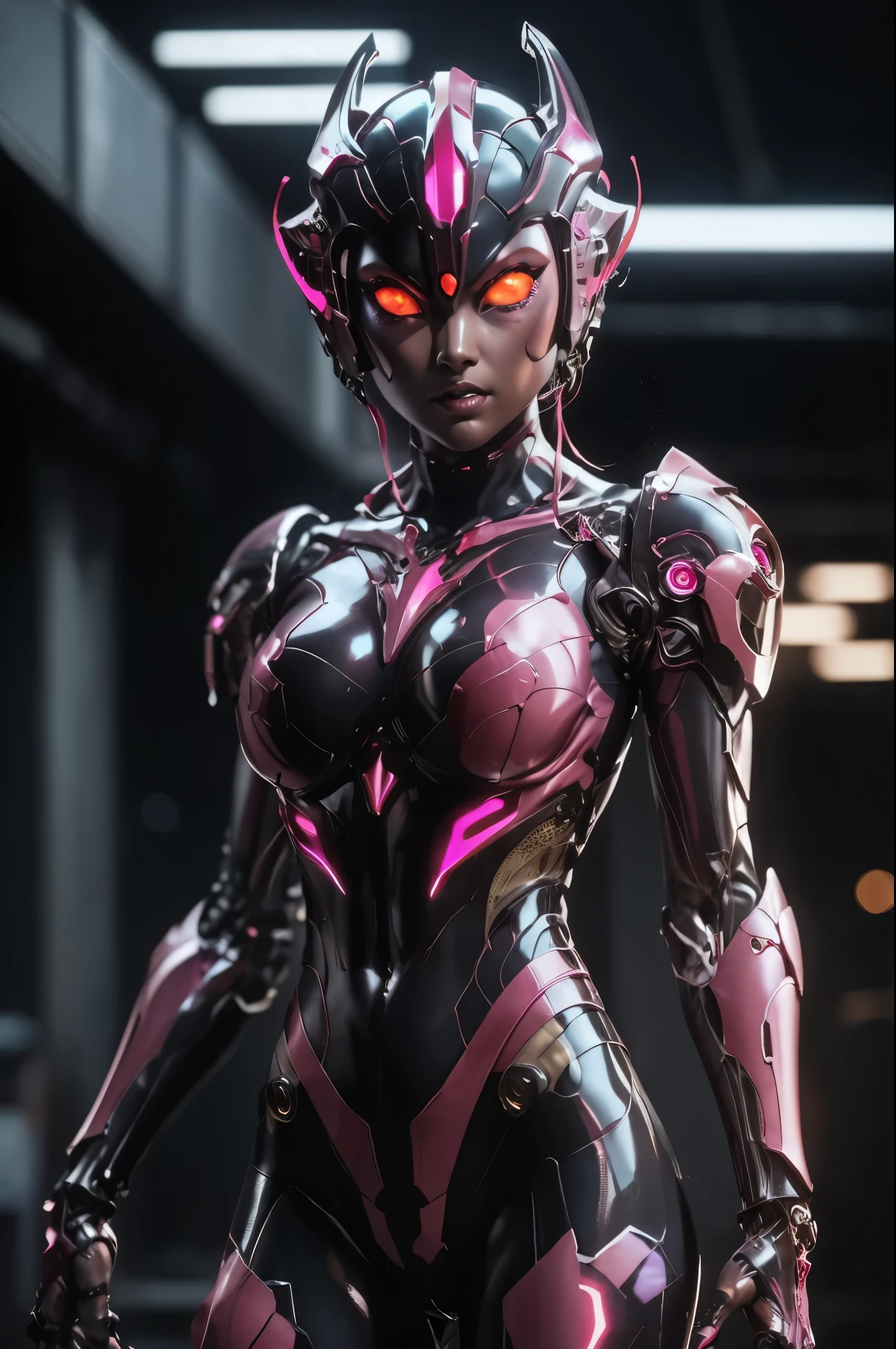 Ultraman girl. SF style. Black body. Cyborg style. Red, purple and pink accents. Latex body. Matte texture. Glowing core. Armor. Angular helmet. Sharp claws. Blade on the arm. Mechanical eyes.