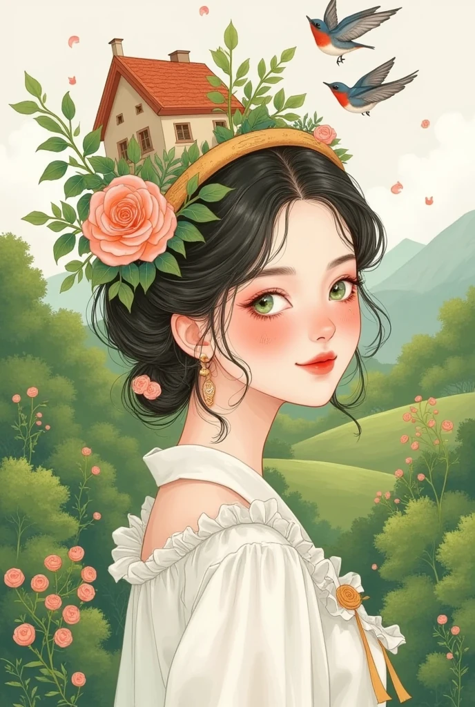  A pretty girl with green eyes ， with an elegant headband ， The hair adorns the elements of nature and the house ，With a house on her back ， with a house on her head ， The background is dense trees and rolling hills。 hand drawn illustration style， cute cartoon design ，Green Palette， Birds fly around her face ， The swallow rests on his shoulder ， by Hsiao Ron Cheng 