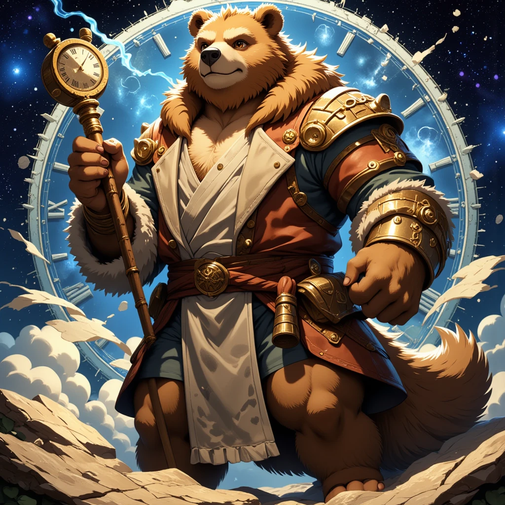 character focus, full body, looking away, dynamic angle, european fantasy, wizard, a muscular middle-aged bear man, heroic costume clothes, jacket, robe, shirt, pants, magic stick, casting time magic, clock effect, dynamic pose, BREAK complete anatomy, perfect proportions, beautiful thigh gap, fluffy body, intricate fur details, beautiful fur texture, BREAK a detailed bear 1tail, detailed boots, detailed foot, detailed hands, 5fingers, 5fingers nails, BREAK intense face, anime face, insanity detailed face, male face, big face, square jawline, aesthetic anime eyes, detailed brown eyes, detailed brown cornea, detailed dark brown irises, detailed pupils, male eyes, big eyes, male eyebrows, innocent look, beautiful beard, BREAK full body in Michelangelo Buonarroti style, digital illustration anime, housamo style, detailed painting landscape, abstract clock illustrations space, outdoor, full color, HDR, BREAK masterpiece, official art, best quality, very aesthetic, absurdres, super fine illustration, great quality, BREAK noise reduction, very highres, large filesize, high quality, 32K, 8k wallpaper, dynamic lighting, BREAK insanity detailed, ultra detailed, intricate details, extremely detailed, detailed texture, an extremely delicate and beautiful, BREAK osukemo, e621 illustration, kemohomo, anthropomorphic, furry, cartoon, harmonious body, pastoral face, virtuous eyes, clock atmosphere