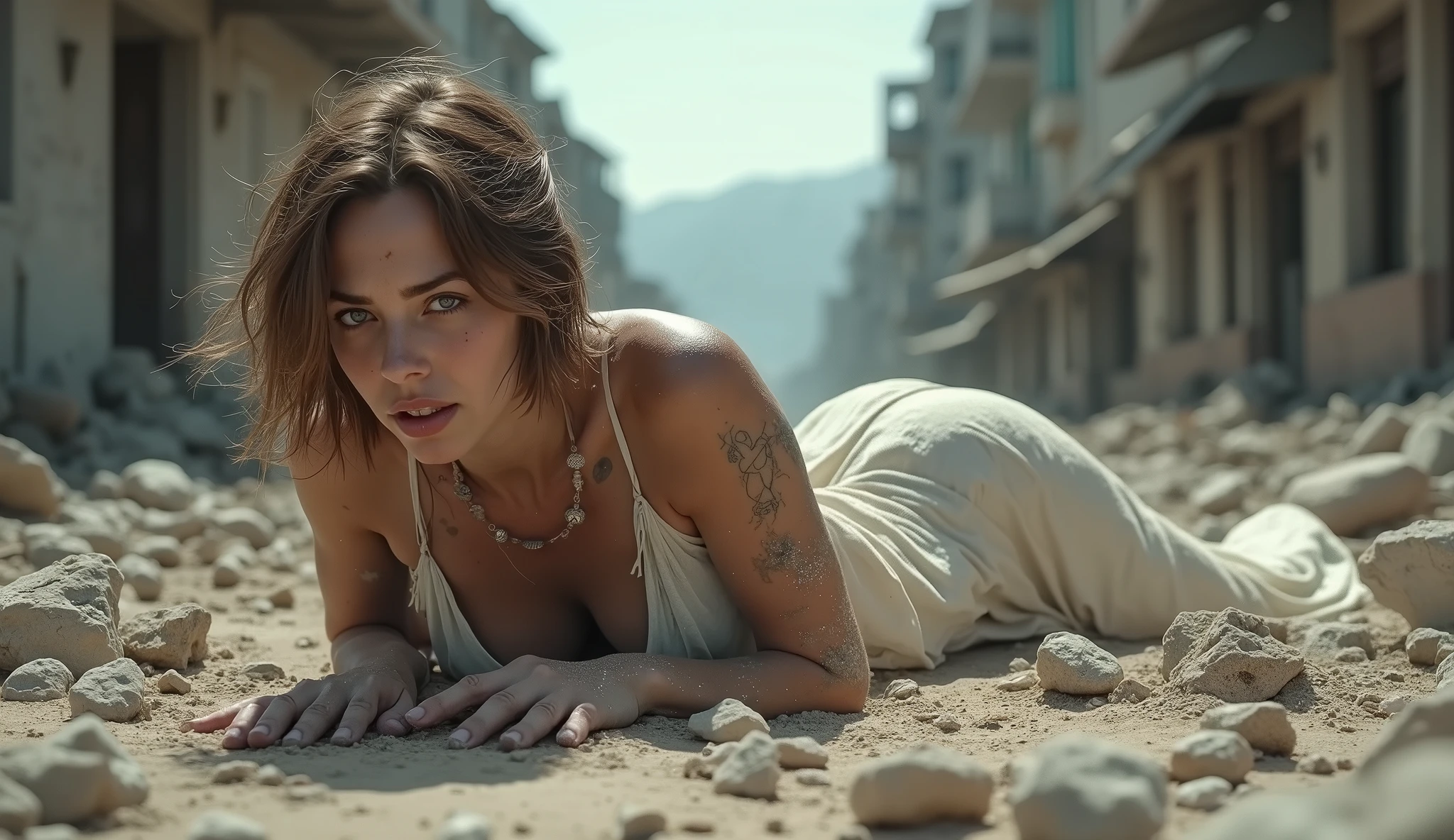 ((Lois768)),(masterpiece, Best quality), girl, (highly detailed), (ultra realistic), ((photography)), (masterpiece), (best quality), detailed face, woman, alone, breasts , (very short bikini), girl shows the soles of her feet, barefoot, (abandoned city:1.2), dust, shadow,