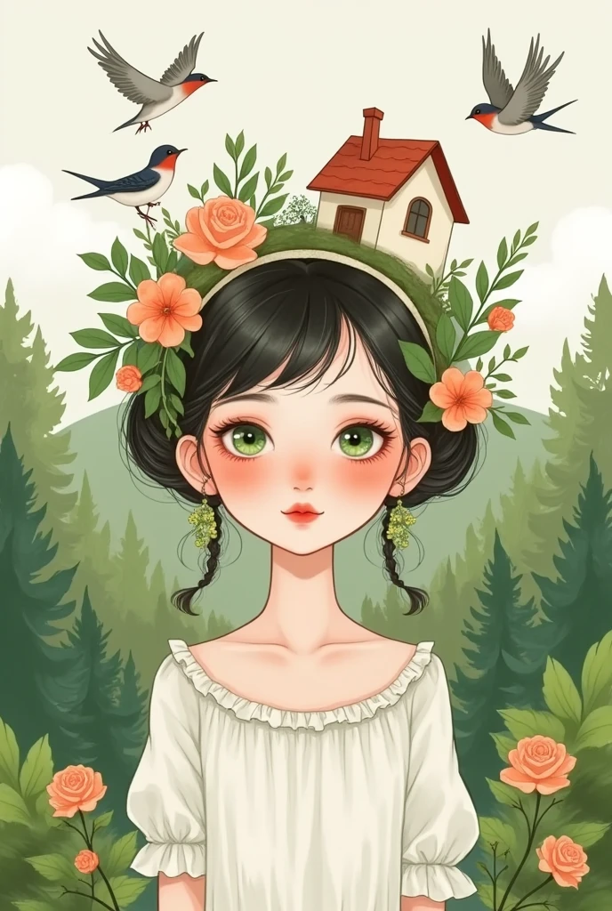  A pretty girl with green eyes ， with an elegant headband ， The hair adorns the elements of nature and the house ，With a house on her back ， with a house on her head ， The background is dense trees and rolling hills。 hand drawn illustration style， cute cartoon design ，Green Palette， Birds fly around her face ， The swallow rests on his shoulder ， by Hsiao Ron Cheng 