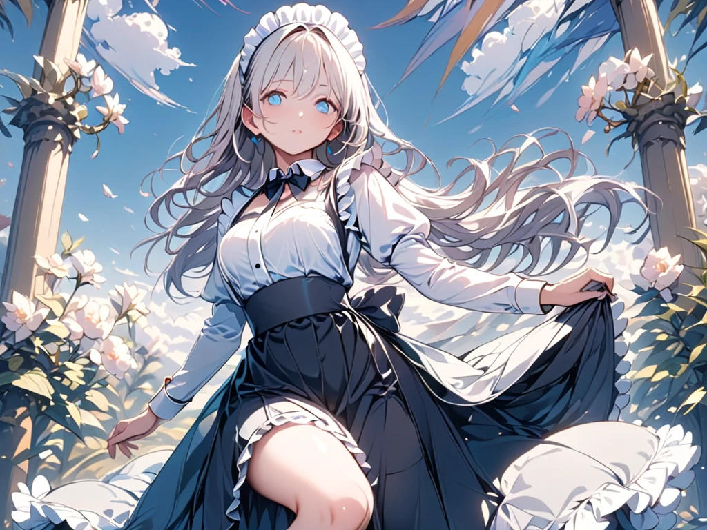 ( 1 girl),(最High image quality, 8k, masterpiece:1.3), (24 years old:1.5), ( Silver Hair), ( semi-long),  (Full body shot、Fair skin、 maid outfit 、 Long Sleeve 、blue beautiful eyes 、Waiter、Elegant、 long skirt)), ([Ultra Clear:1.5), ( shiny skin:1.1),(Pale skin:1.1),High image quality、 clear contours、