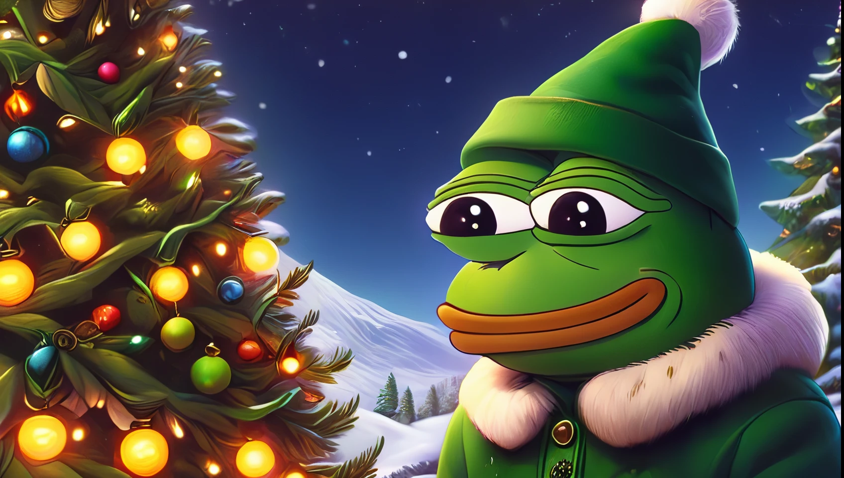 close up baby pepe the frog, baby pepe the frog dressed as an green christmas elf, green christmas elf hat, elf outfit, elf, cartoon style, whimsical, vibrant colors, cute, humorous, peaceful, christmas, snowy, detailed textures, cinematic lighting, digital painting, no additional characters, cartoon, funny meme, in front of a christmas tree, close up of face, close up, logo, crypto logo, all green