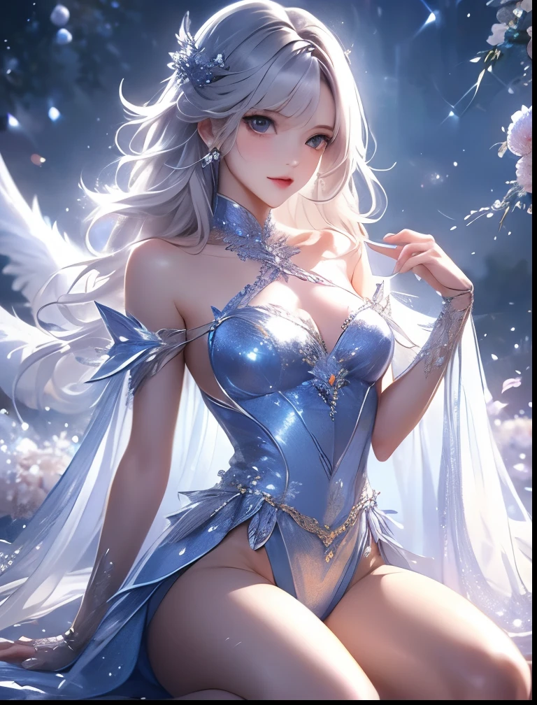 (((SFW、Precision、Highest quality、A first-class masterpiece、Normal body、8k、 Detailed Face 、Ultra-precision、 Normal hand、5refer to、Highest)))、 Neat, pretty, and cute silver-haired beautiful girl wearing a magical, racy, super high leg costume