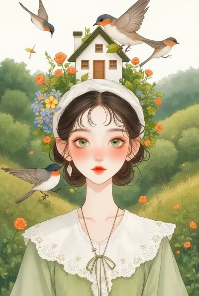  A pretty girl with green eyes ， with an elegant headband ， The hair adorns the elements of nature and the house ，With a house on her back ， with a house on her head ， The background is dense trees and rolling hills。 hand drawn illustration style， cute cartoon design ，Green Palette， Birds fly around her face ， The swallow rests on his shoulder ， by Hsiao Ron Cheng 