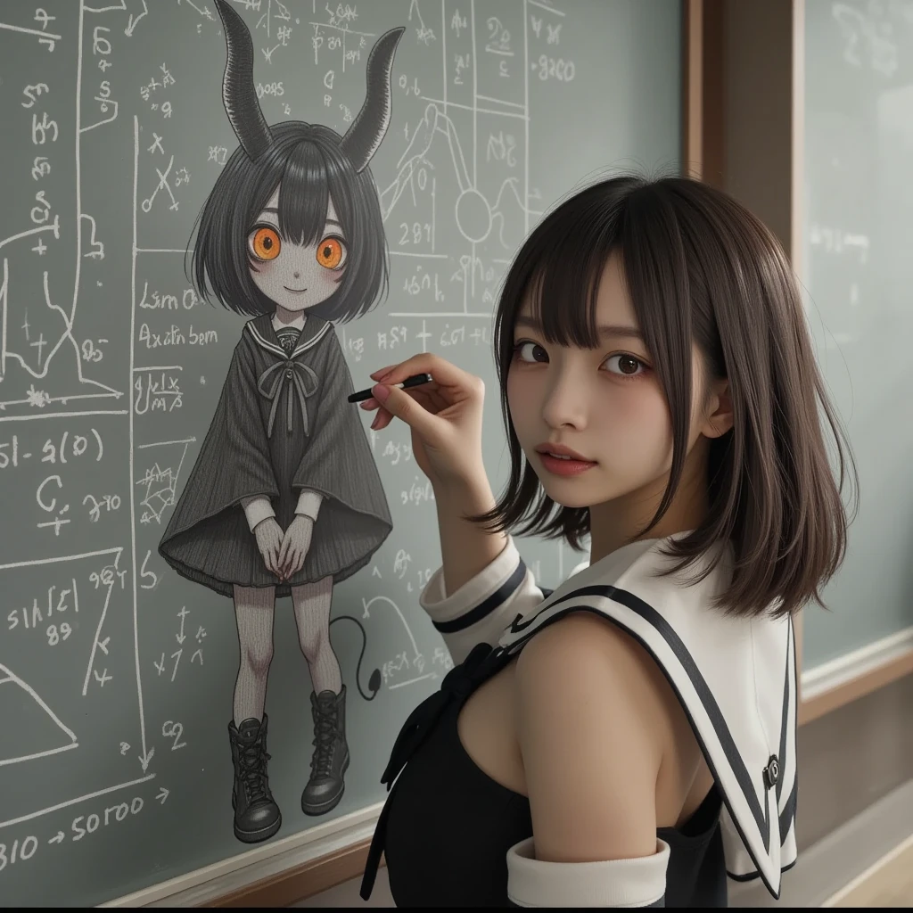 She wants to paint a cute devil girl in the style of the great creator "uyciak", ultra-realistic, photorealistic, dramatic scene, shadow, global-illumination, solo, (20 years old Japanese girl:1.5), very beautiful with very cute but boyish cool face, wearing high school sailor uniform, in a mathematics classroom, She draws very realistic smiled Chibi-anime-devil-black-girl on a large blackboard using only chalk , the chibi-anime-devil-black-girl that she is drawing is 1girl\(dark black devil,cute,big eyes,large circle eyes,black skin,evil smile,long nail,orange eyes, vivid orange eyes, dark black skin, looking down,wearing capelet\(big,long,Tattered\), backlit,full body\), window with curtain, A magnificent work using the blackboard as a canvas, many complecated graphs and integral formulas of plans are on the blackboard, she is holding a chalk and looking at viewers