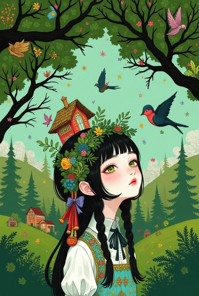  A pretty girl with green eyes ， with an elegant headband ， The hair adorns the elements of nature and the house ，With a house on her back ， with a house on her head ， The background is dense trees and rolling hills。 hand drawn illustration style， cute cartoon design ，Green Palette， Birds fly around her face ， The swallow rests on his shoulder ， by Hsiao Ron Cheng 