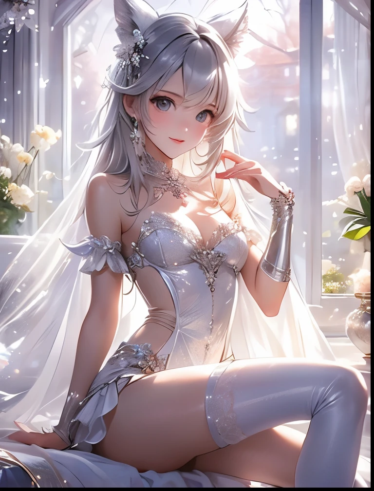 (((SFW、Precision、Highest quality、A first-class masterpiece、Normal body、8k、 Detailed Face 、Ultra-precision、 Normal hand、5refer to、Highest)))、 Neat, pretty, ish, and cute silver-haired girl wearing a cute, racy, super high leg costume