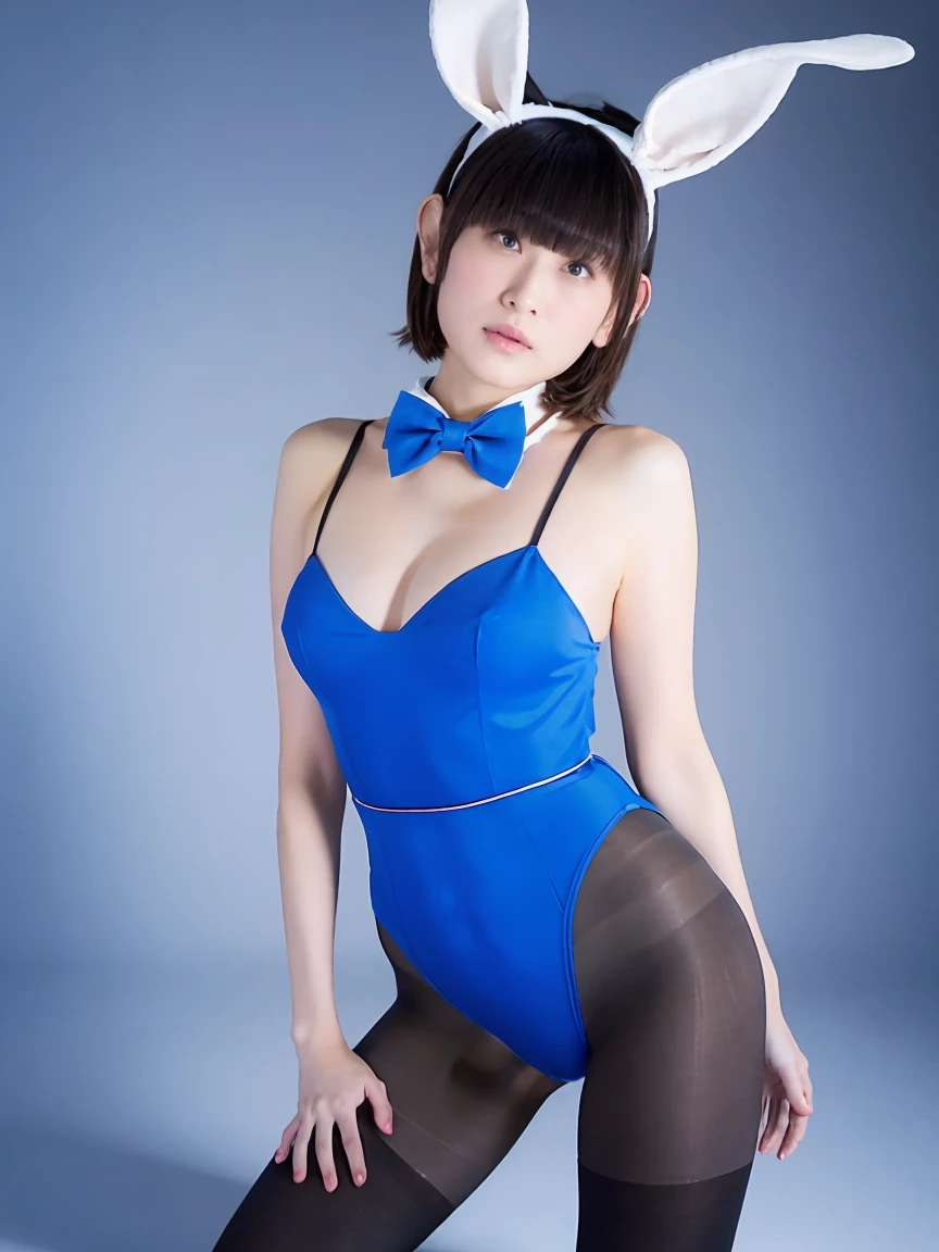  girl who dresses comfortably, Jester, fake rabbit ears,  Blue Leotard ,  bow tie,  pantyhose,  wrist cuffs , (black_ pantyhose),  bob cut from the front,  standing,  bunny girl, standing,