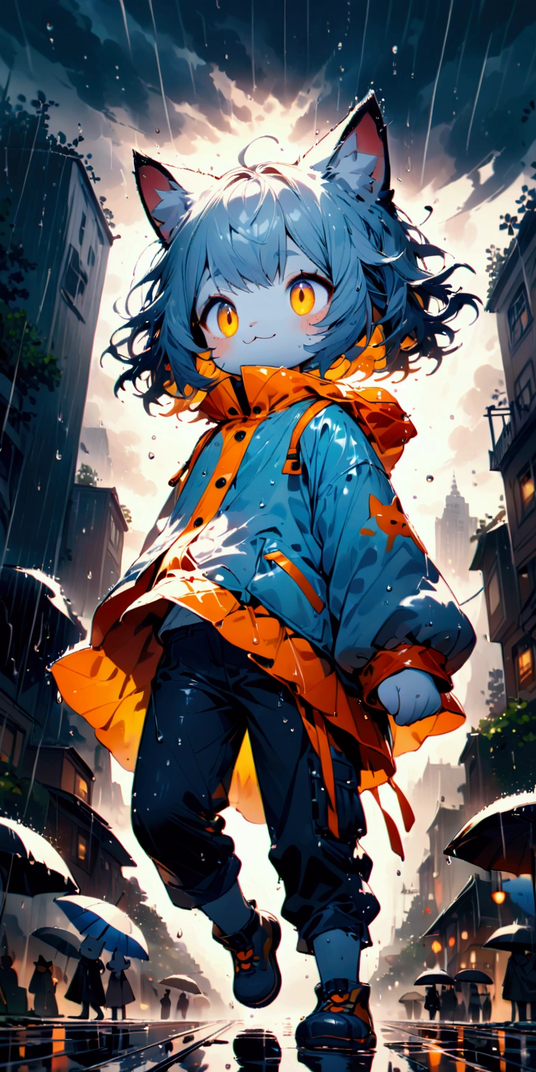 
heavy storm,wind,(heavy rain:1.5), (big raindrops:1.5), (rainy sky:1.5),(many rain ripples:1.3). 1girl/((catgirl:1.3),(furry:1.2),kemono,(chibi:1.2),cat ear,cat eye,cute, kawaii,hair floating, hair shining brightly, curly hair, short hair, messy hair, eye color cosmic, big eyes, (dynamic angle:1.4),(from below:1.4), long shot,short pants,(Walking:1.5) dynamically, (steps:1.3), skipping, (walk heavy steps:1.4),(big smile:1.3),open mouth,fangs,wet hair, wet, cute raincoat,happy,dynamic,in distance,full body,floating\) .background\(heavy rain, dark sky, beautiful waterdrops, long shot\),(from below:1.7),(ground level shot:1.7),(from directly below:1.7). score_9, score_8_up, score_7_up, score_6_up, score_5_up, score_4_up, source_anime,source_furry,rating_safe,rating_questionable,masterpiece, best quality, perfect anatomy , very aesthetic , absurdres,,realistic rain, high speed shutter, (fisheye lens), (focus on waterdrops), (landscape of sky:1.5), (dynamic angle:1.3),(long shot),(wide shot)