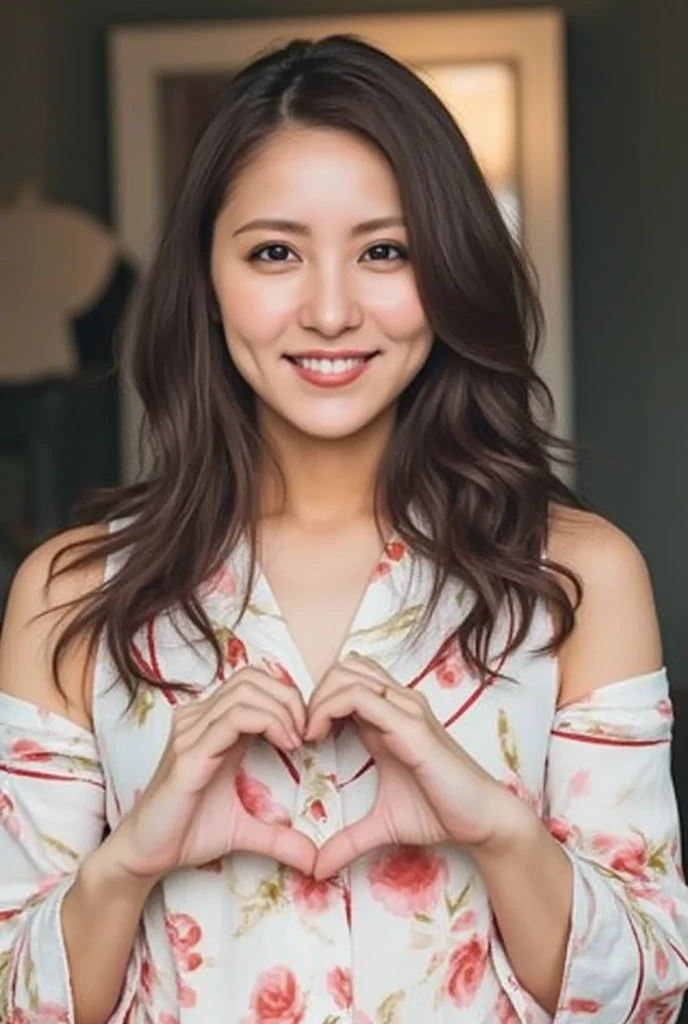 A smiling woman is posing alone wearing off-the-shoulder pajamas, making a firm big heart shape with both hands, and holding them in front of her chest, View above collarbone、The background is a monotone 、
