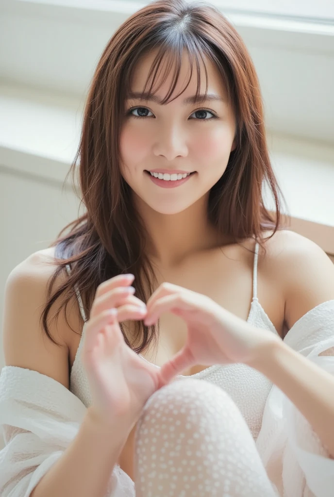 A smiling woman is posing alone wearing off-the-shoulder pajamas, making a firm big heart shape with both hands, and holding them in front of her chest, View above collarbone、The background is a monotone 、
