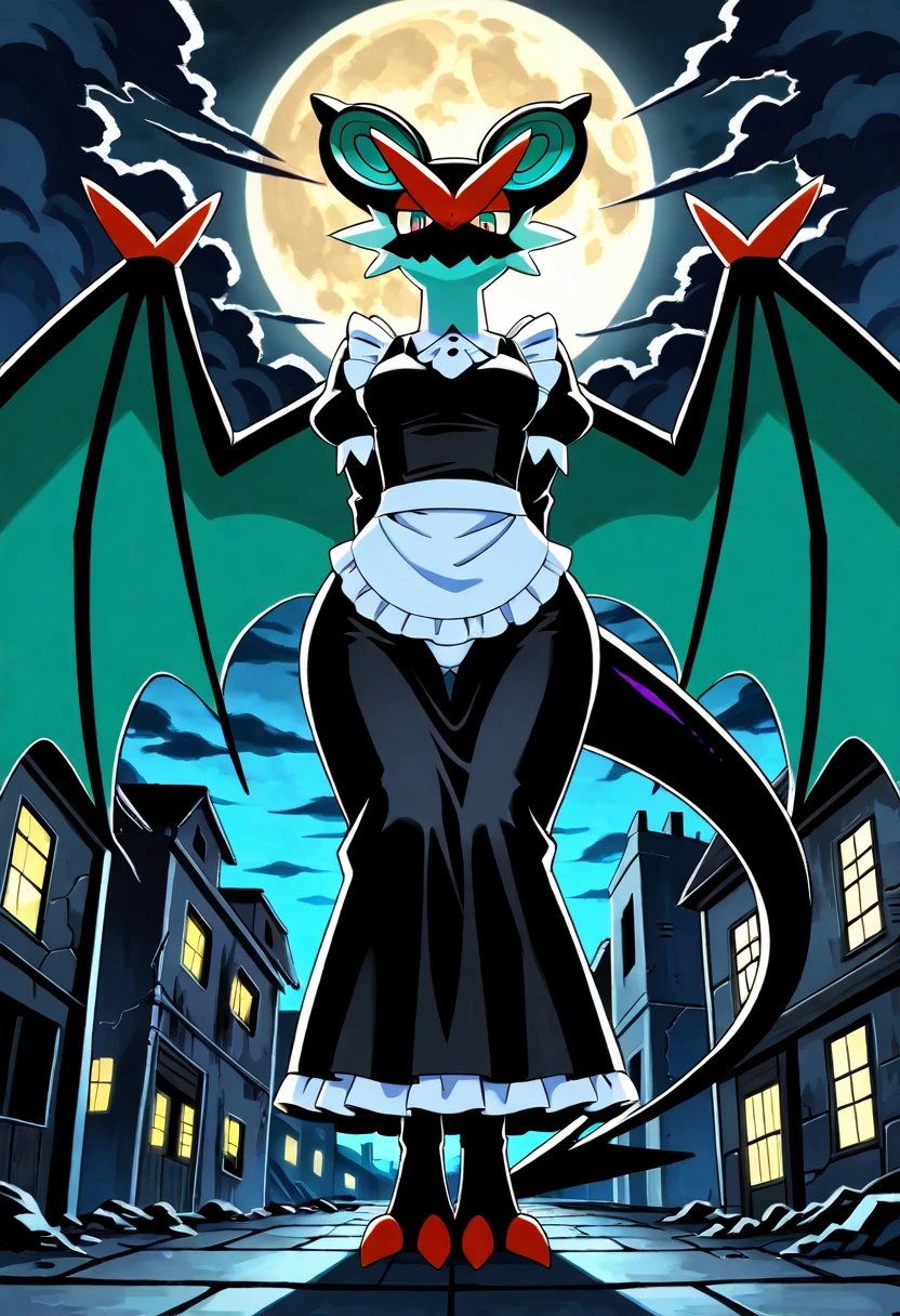 uploaded on e621, (bioz, kakiikada, anawat, katahane3), female, solo, anthro, fur, feral, scalie, pokemon, noivern, maid apron, long black maid uniform, uniform, clothing, white headwear, white panties, long black maid dress, black maid topwear, crouching on her feets in top of rubbles, thin body, thick thight, wide hips, tail, wings, arms crossed behind back, hidden breasts, looking at the viewer, unimpressed, post-apocalypse, desolated crumbling medieval city on background, late night, moon, dark alleyway, black clouds, thunder, detailed face, low angle view, close-up, half-length portrait, from below,