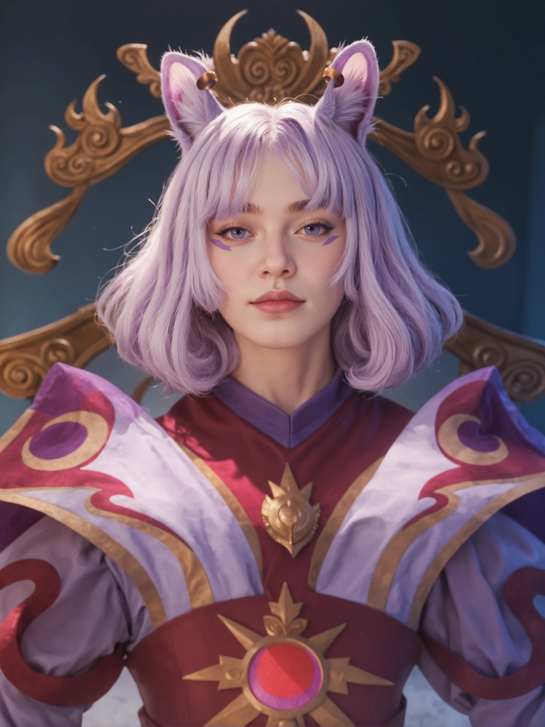 poster portrait of realistic masunya, (purple skin color:1.1), cat ears, solo, by Jeremy Lipking, by William Bouguereau, (by Alphonse Mucha:0.5), by d-art , sfw 