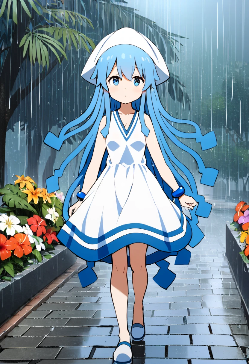  1 girl ,  white dress,  blue hair,  blue eyes,  blue bracelets, Squid Hat,  tentacle hair , blue trim for clothes , heavy rain,  at a tropical resort 、In the Rain、 woman walking on wet cobblestones 。 and a beautiful scene of dark green trees 々and colorful flowers 々Spreading、 raindrops popping on leaves is depicted in her background。